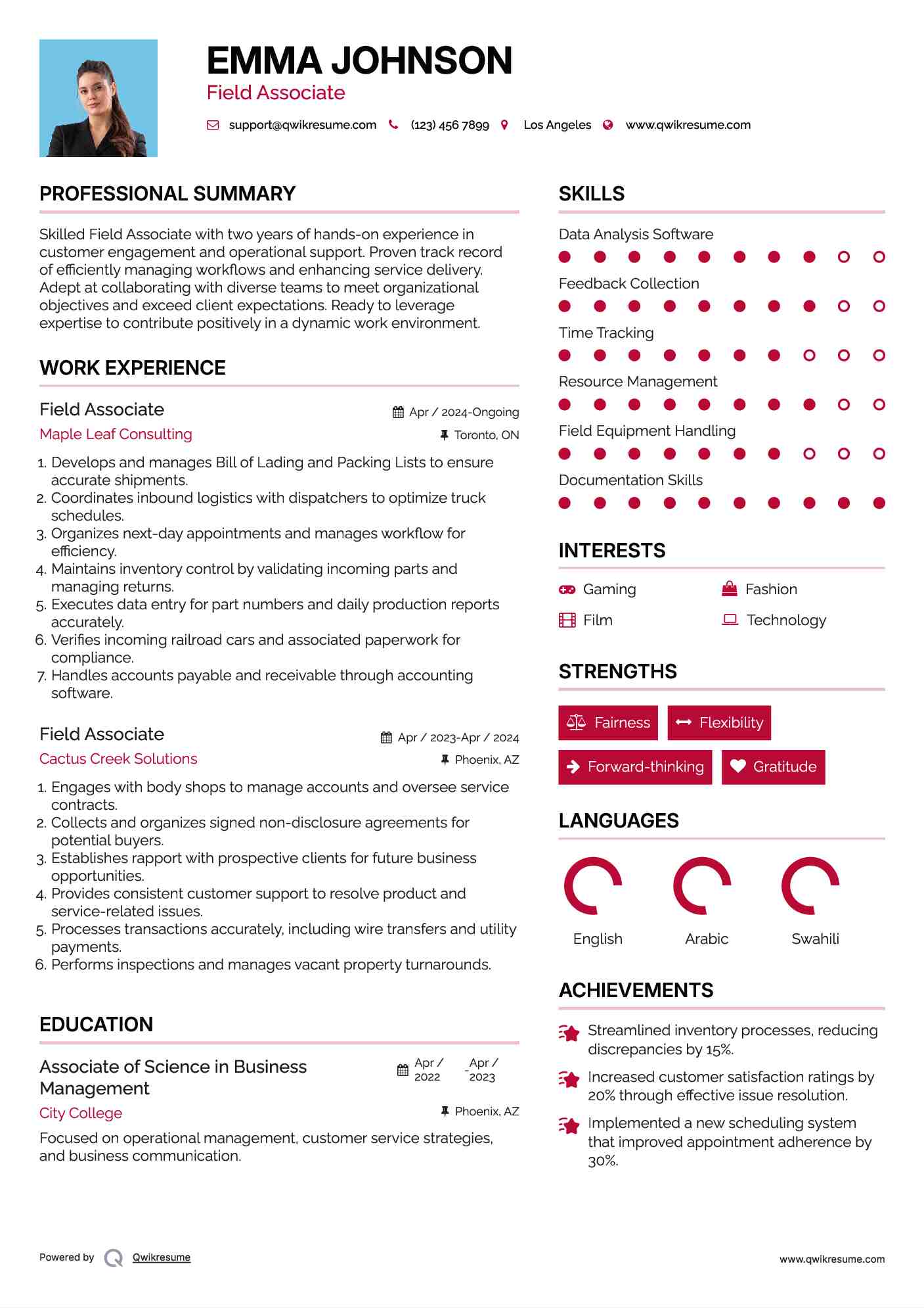 Field Associate Resume Sample