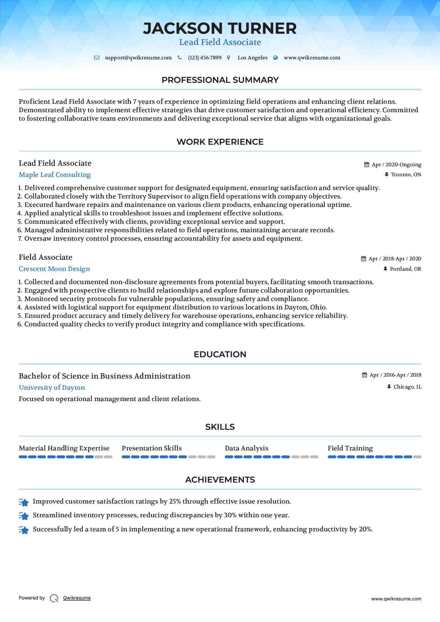 Lead Field Associate Resume Example