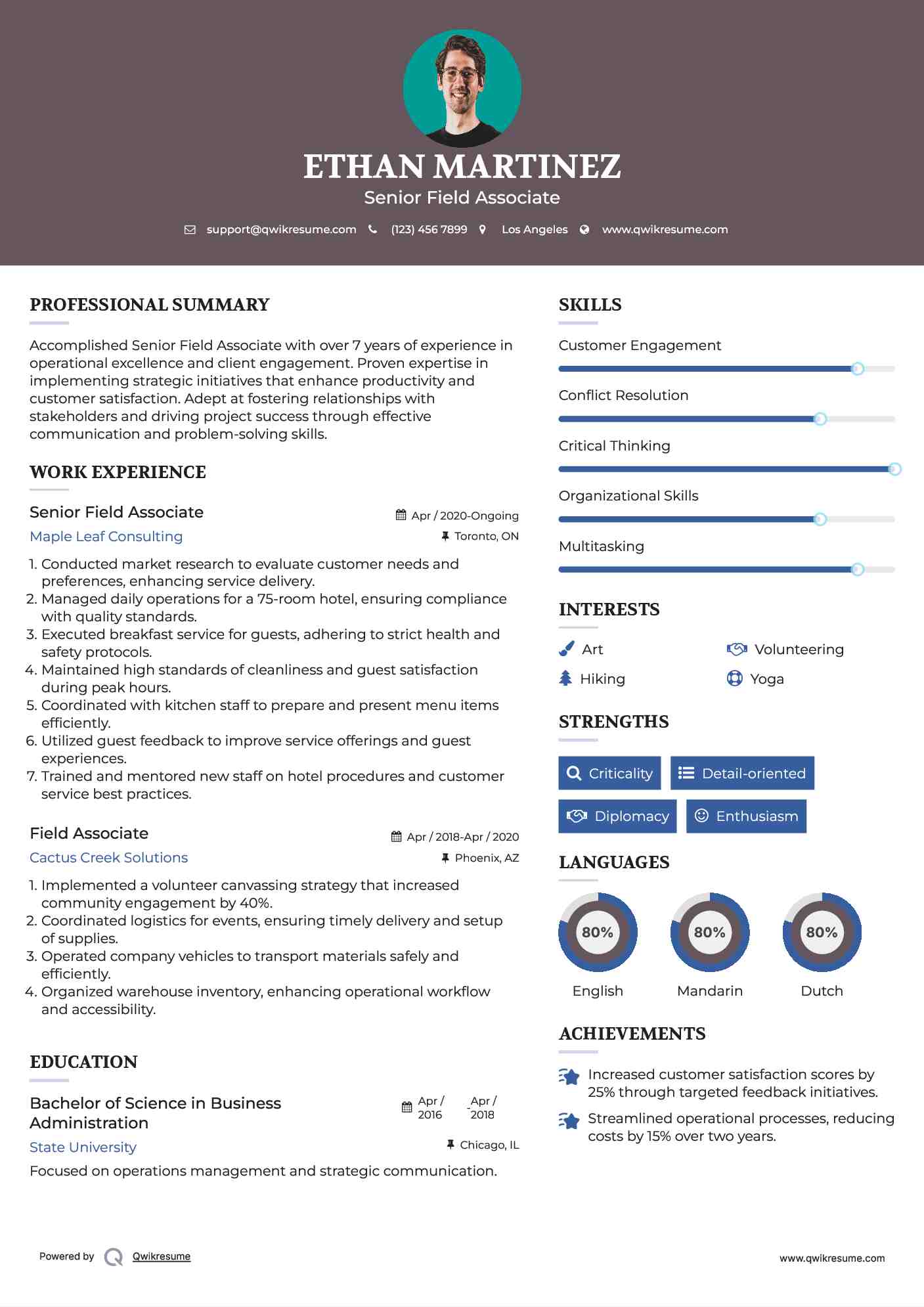 Senior Field Associate Resume Model