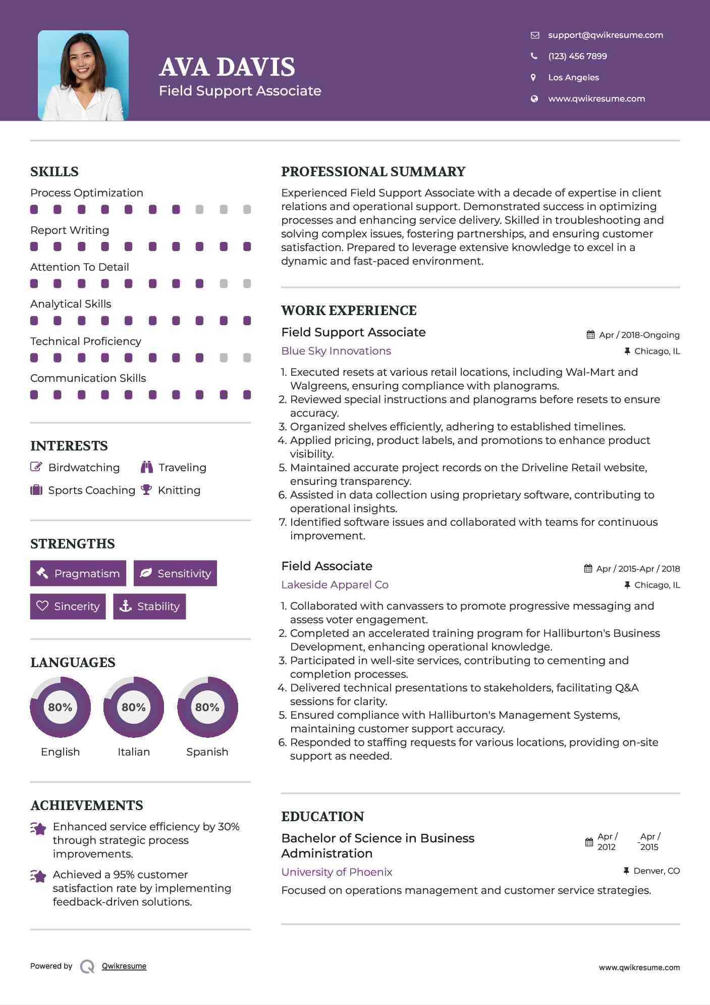 Field Support Associate Resume Example