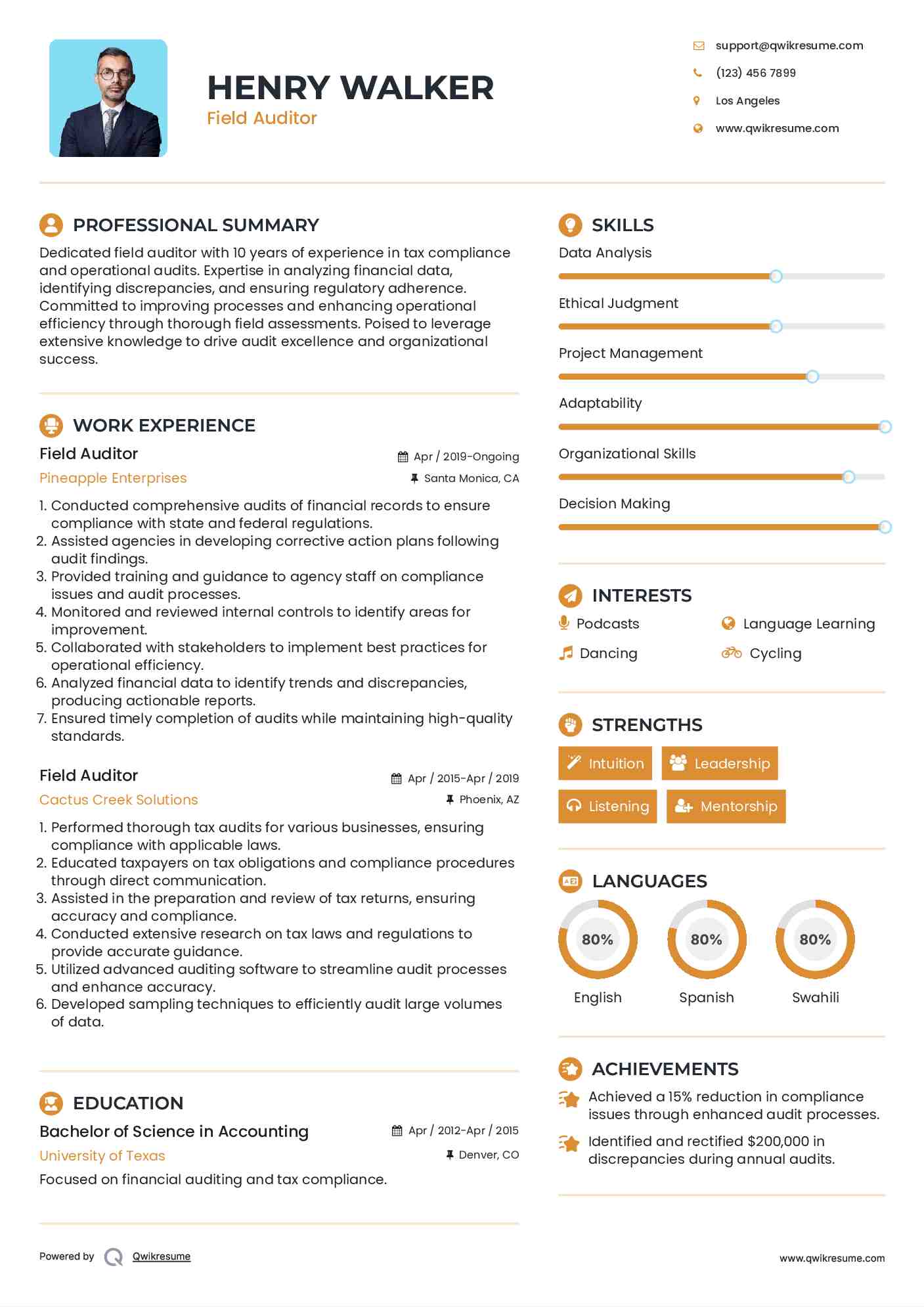 Field Auditor Resume Template