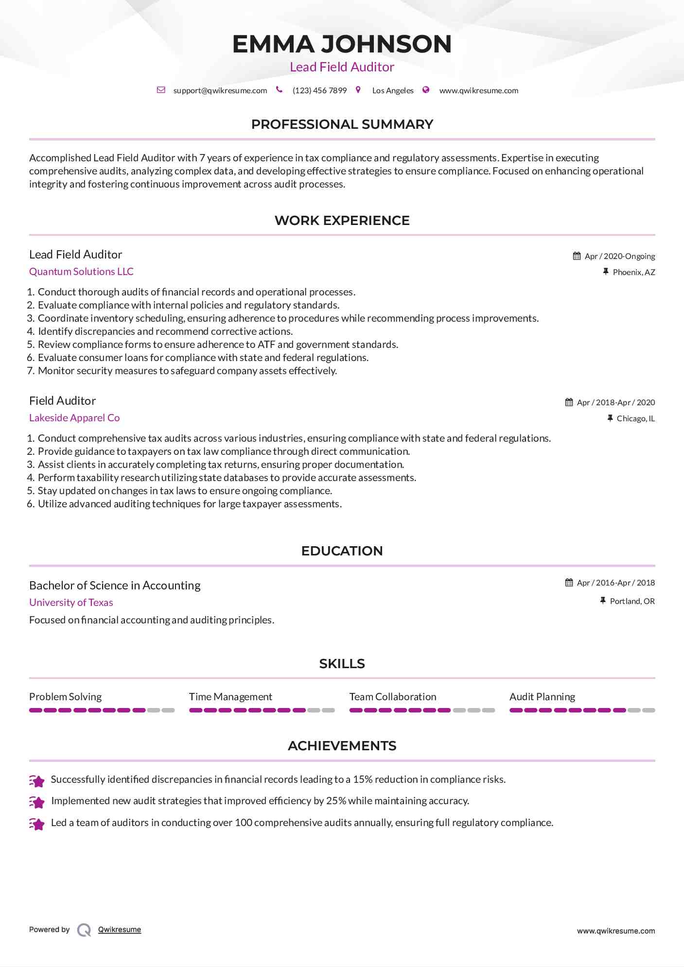 Lead Field Auditor
 Resume Template