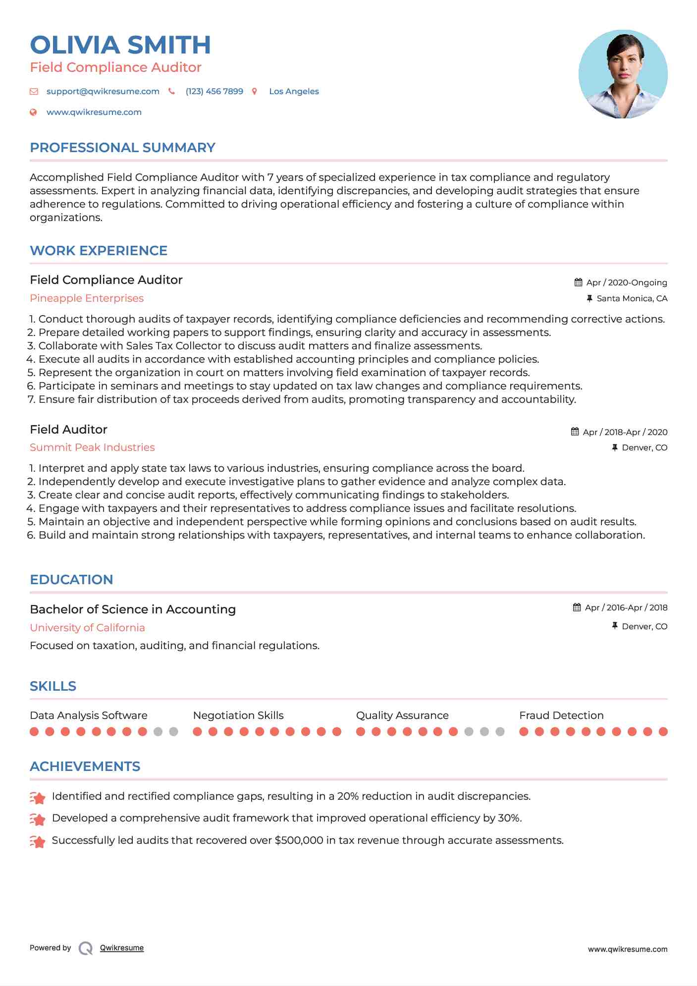 Field Compliance Auditor Resume Example