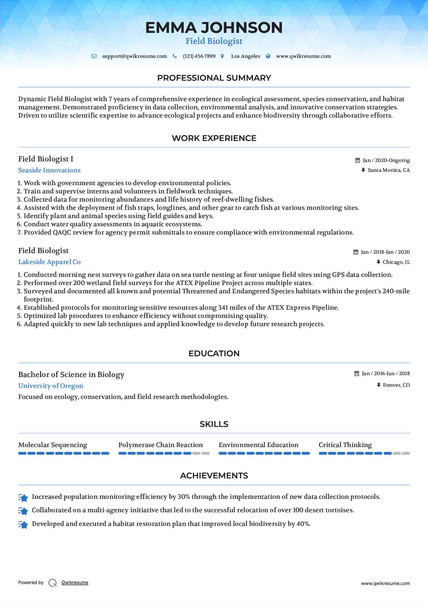 Field Biologist Resume Samples QwikResume