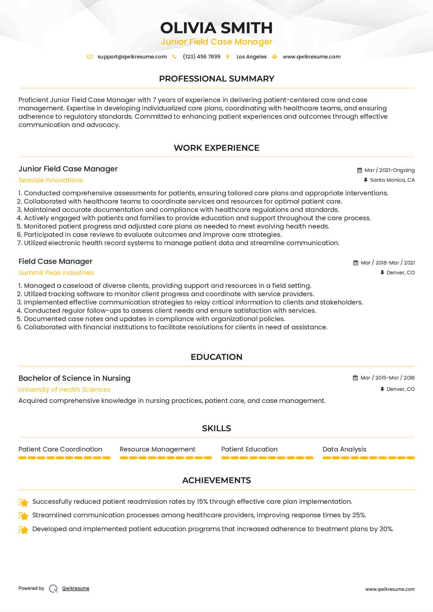 Junior Field Case Manager Resume Template