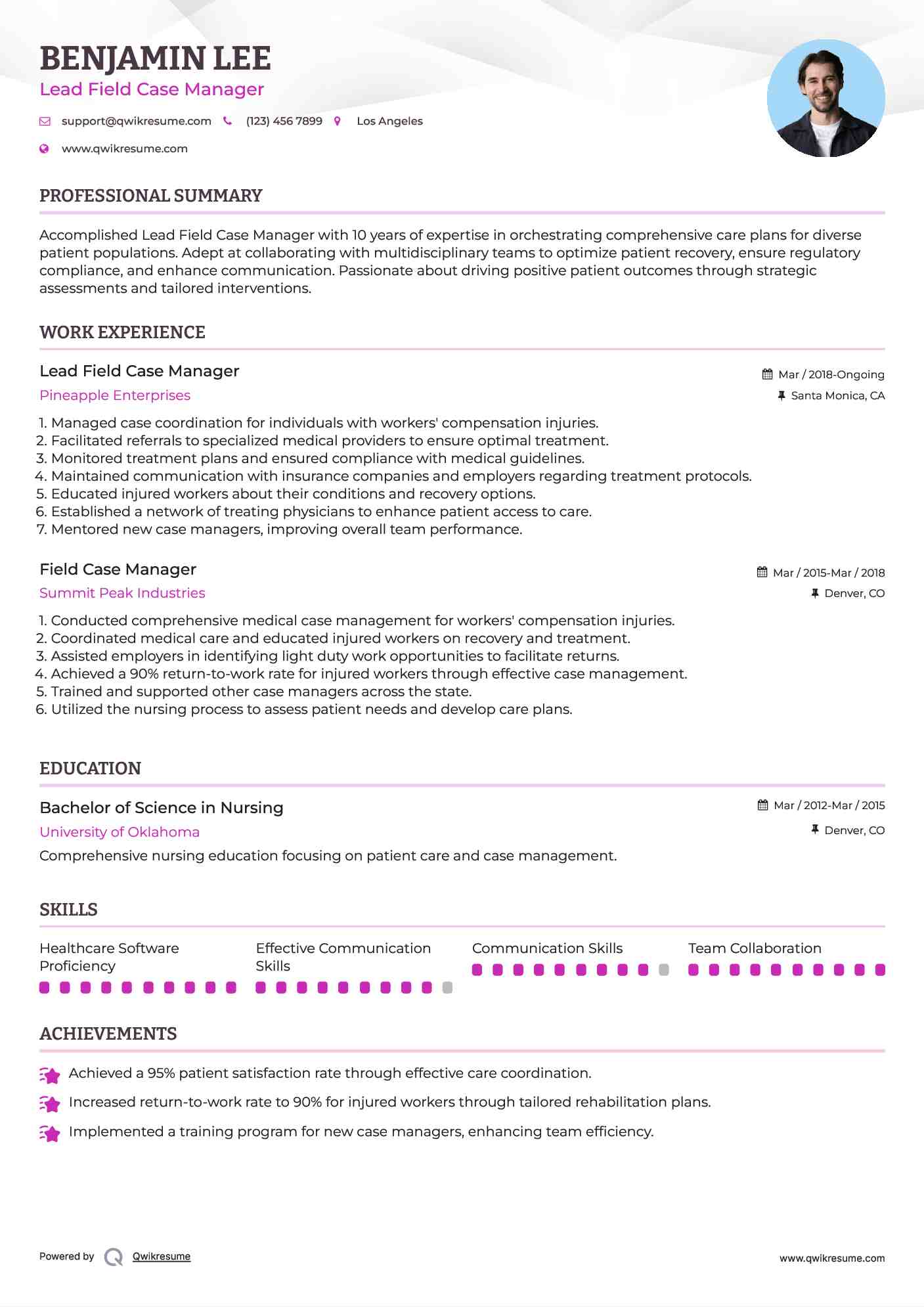 Lead Field Case Manager Resume Format