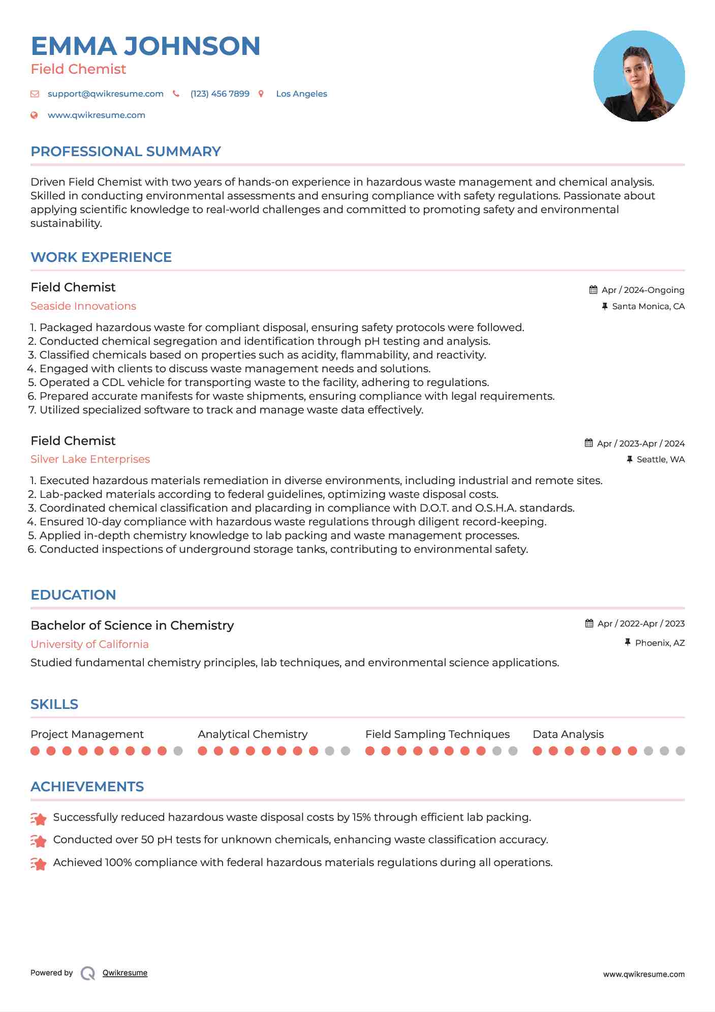 Field Chemist Resume Example