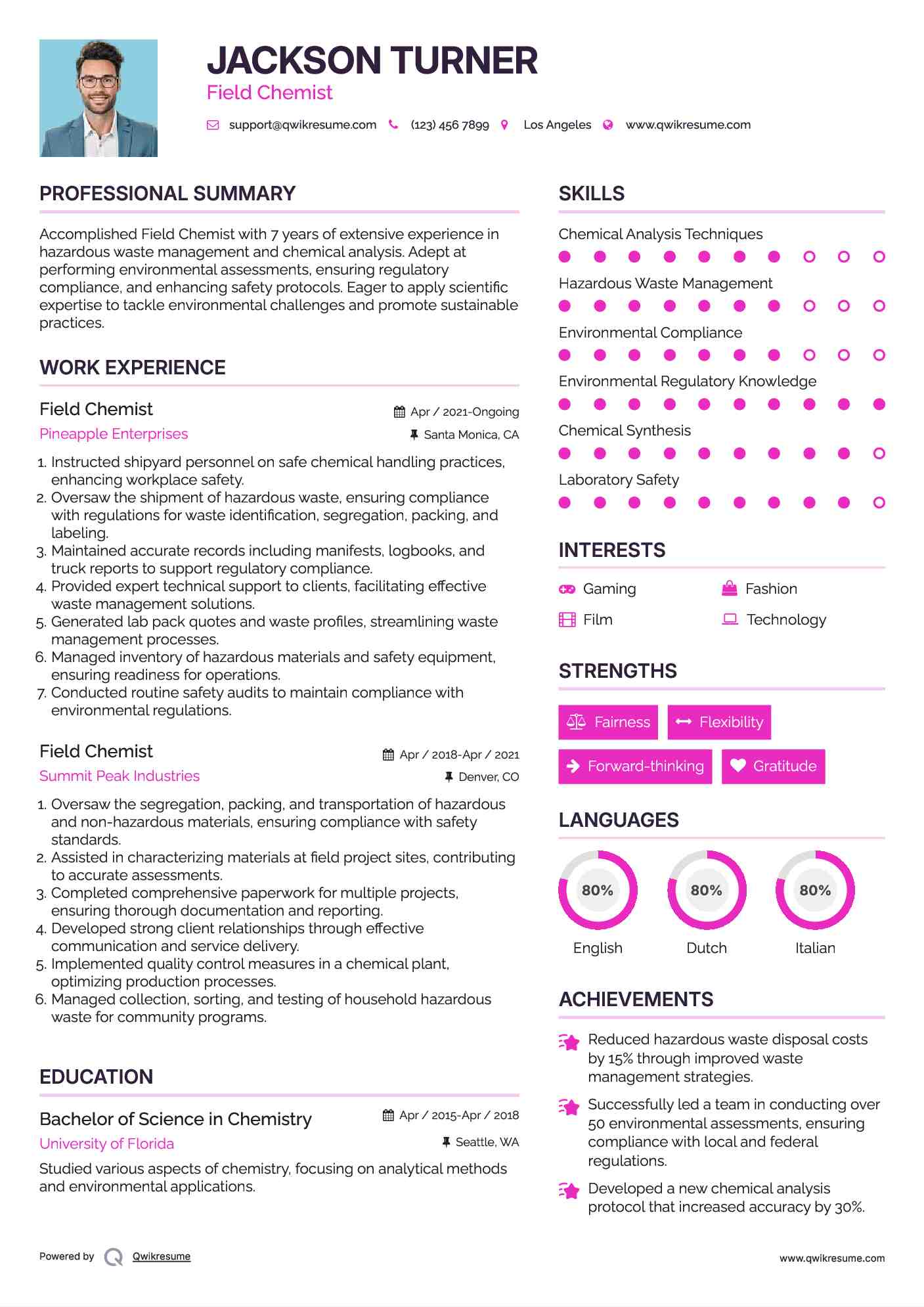 Field Chemist Resume Sample