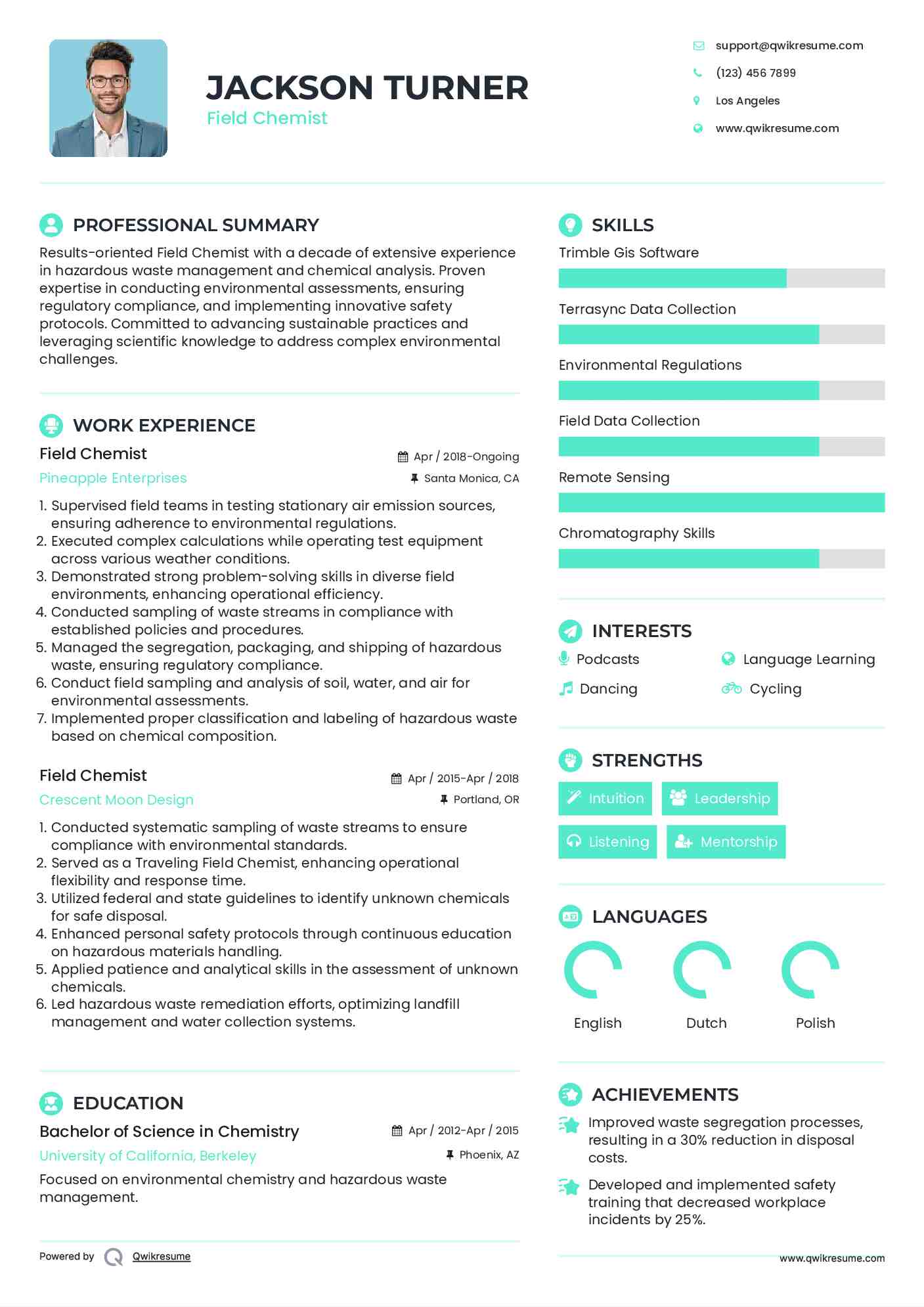 Field Chemist Resume Sample