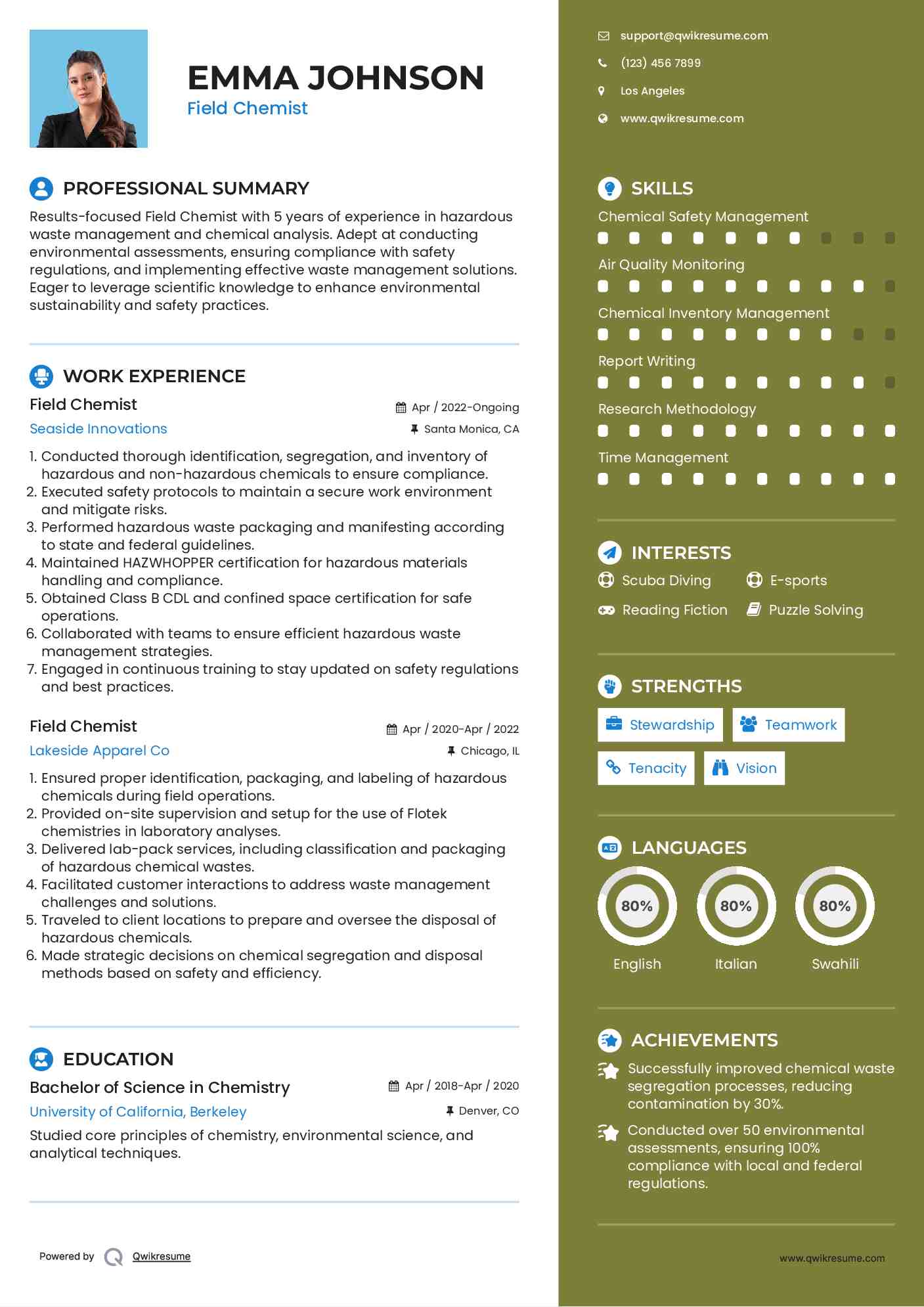 Field Chemist Resume Samples QwikResume