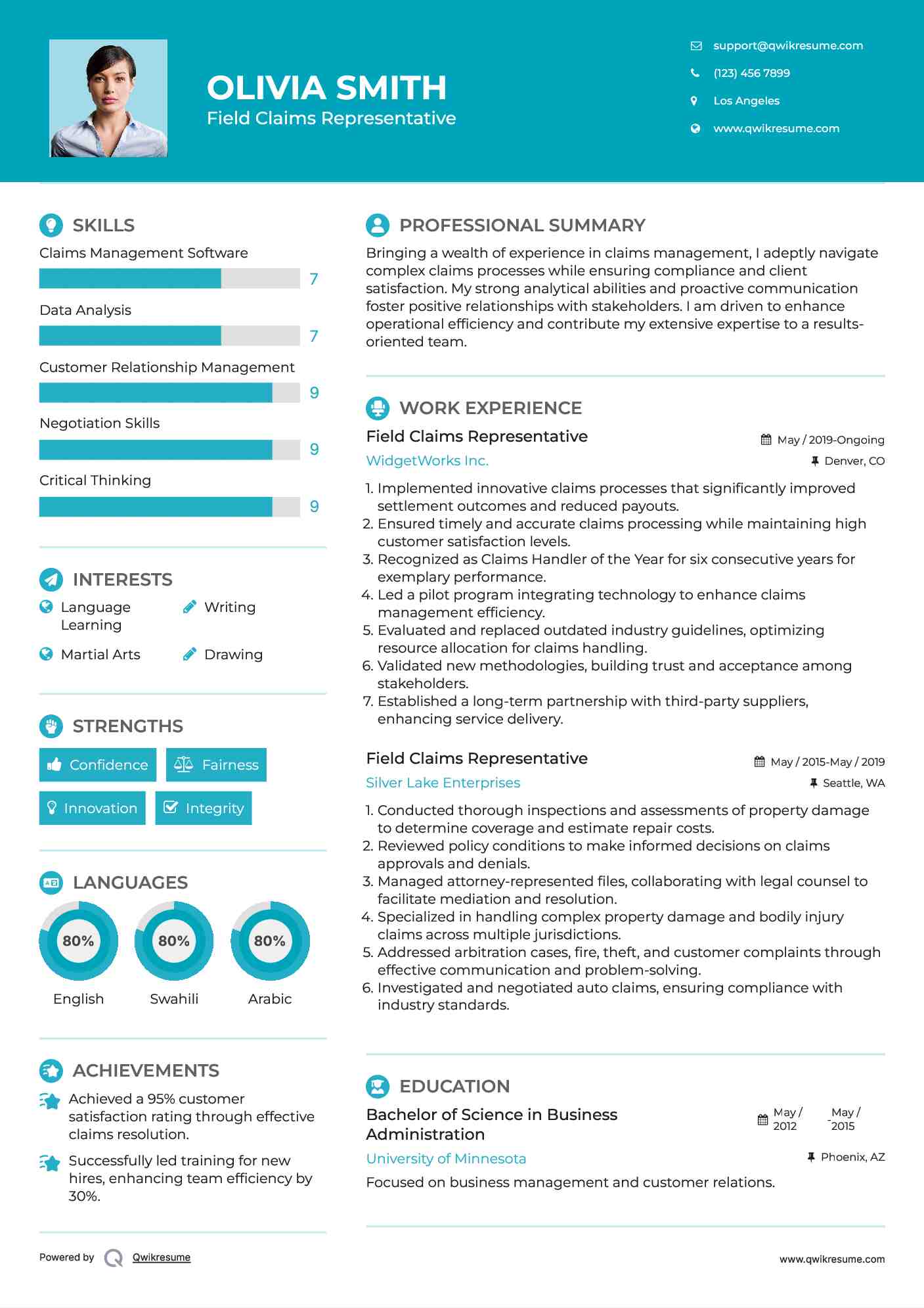 Field Claims Representative Resume Sample