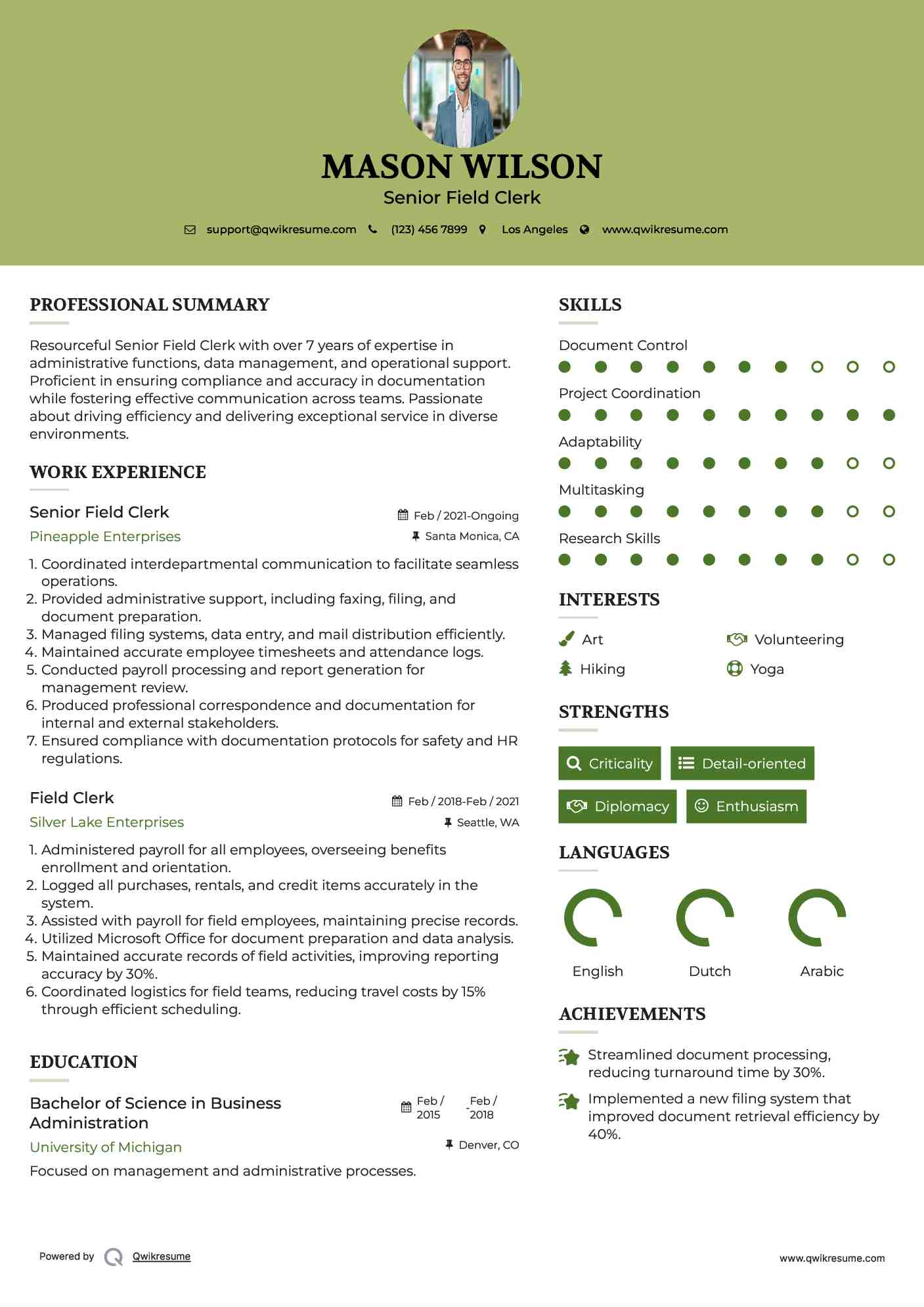 Senior Field Clerk Resume Example