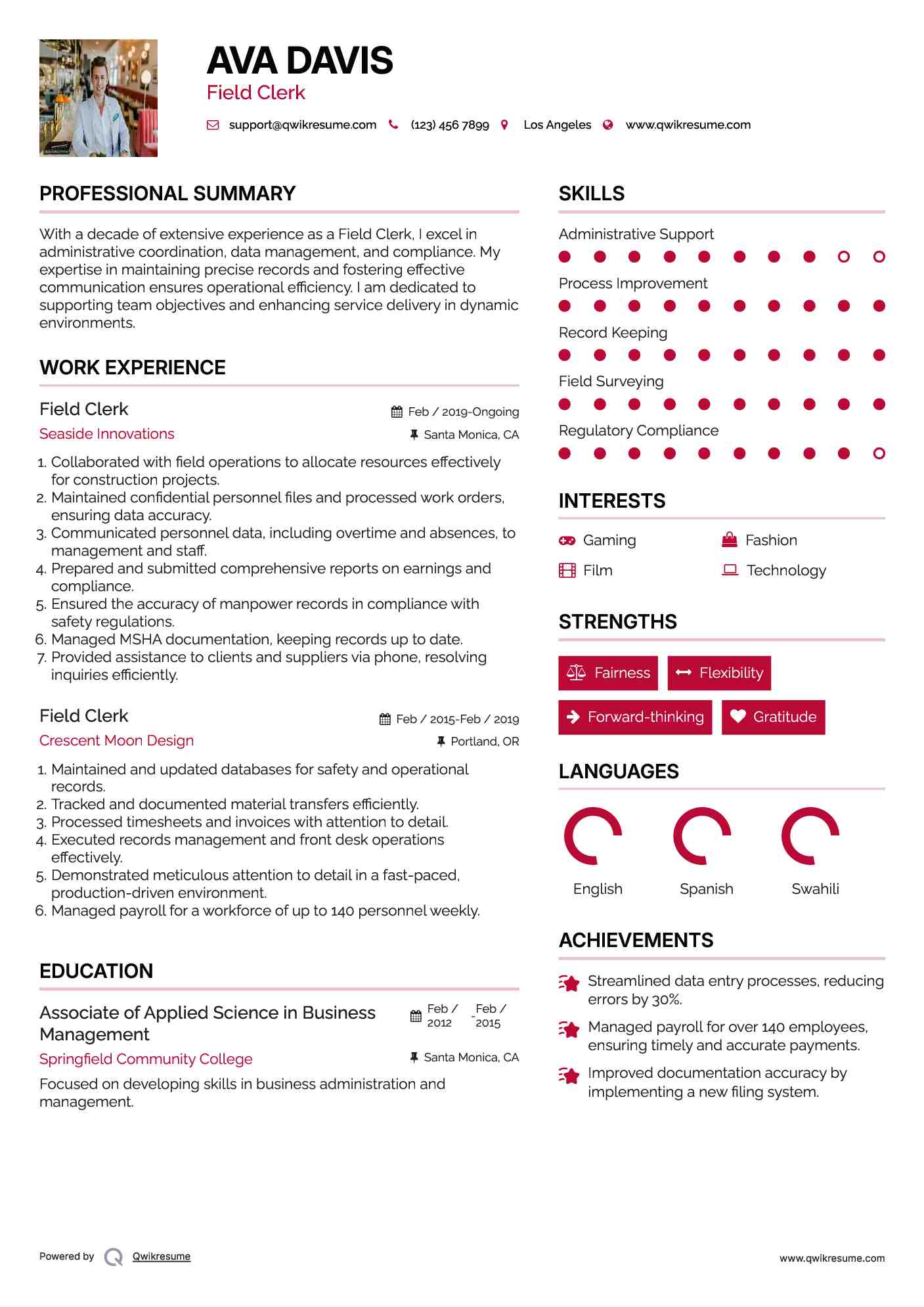 Field Clerk Resume Format