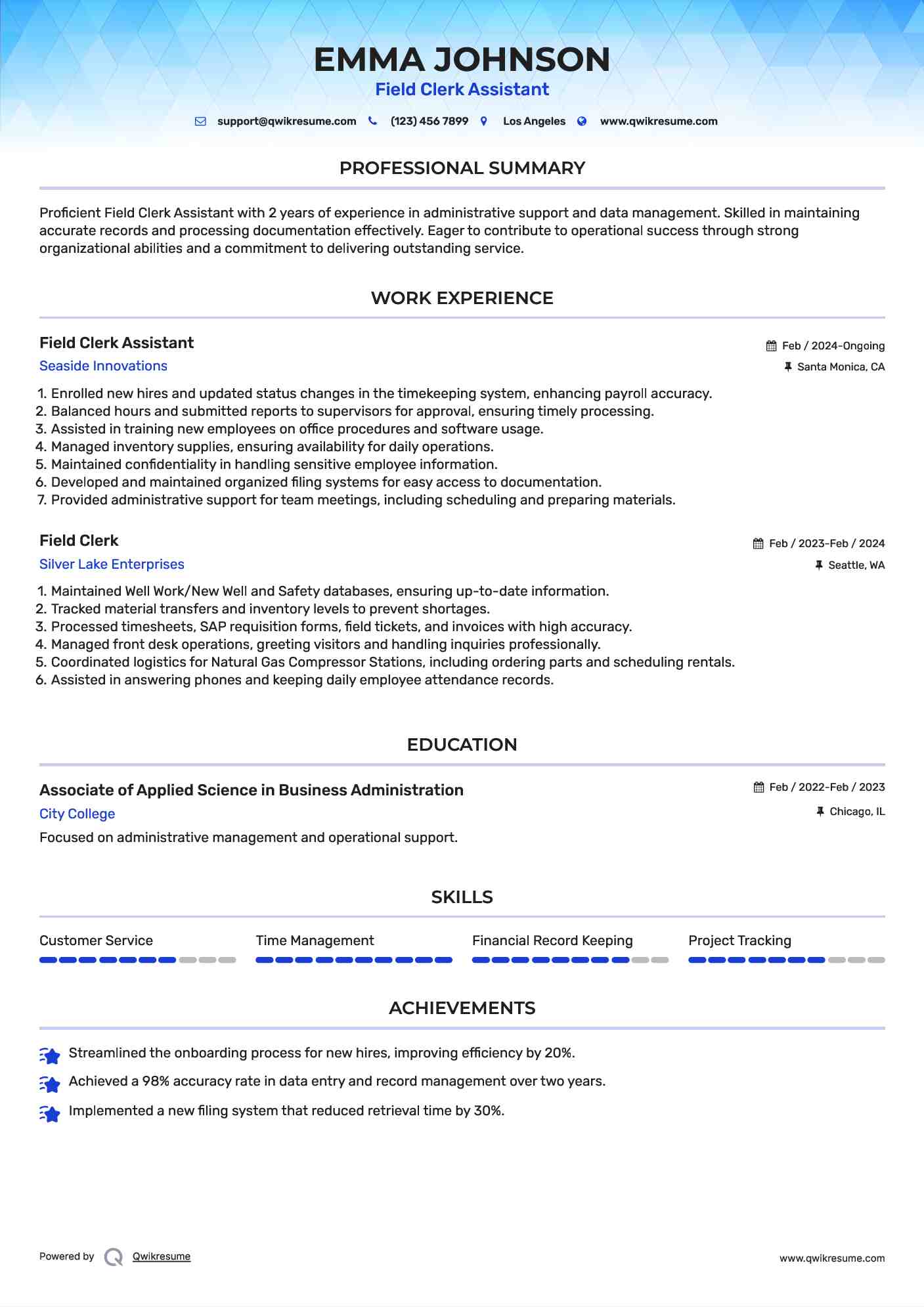 Field Clerk Assistant Resume Example