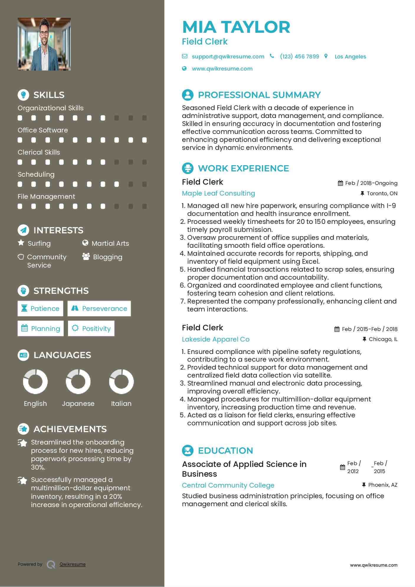 Field Clerk Resume Sample
