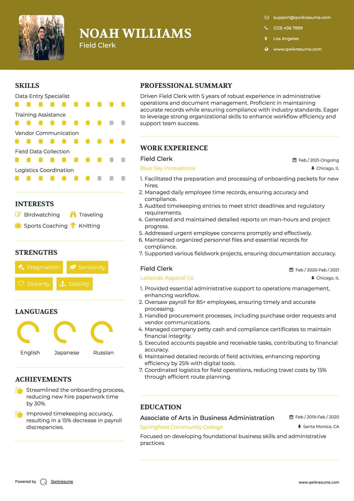 Field Clerk Resume Model