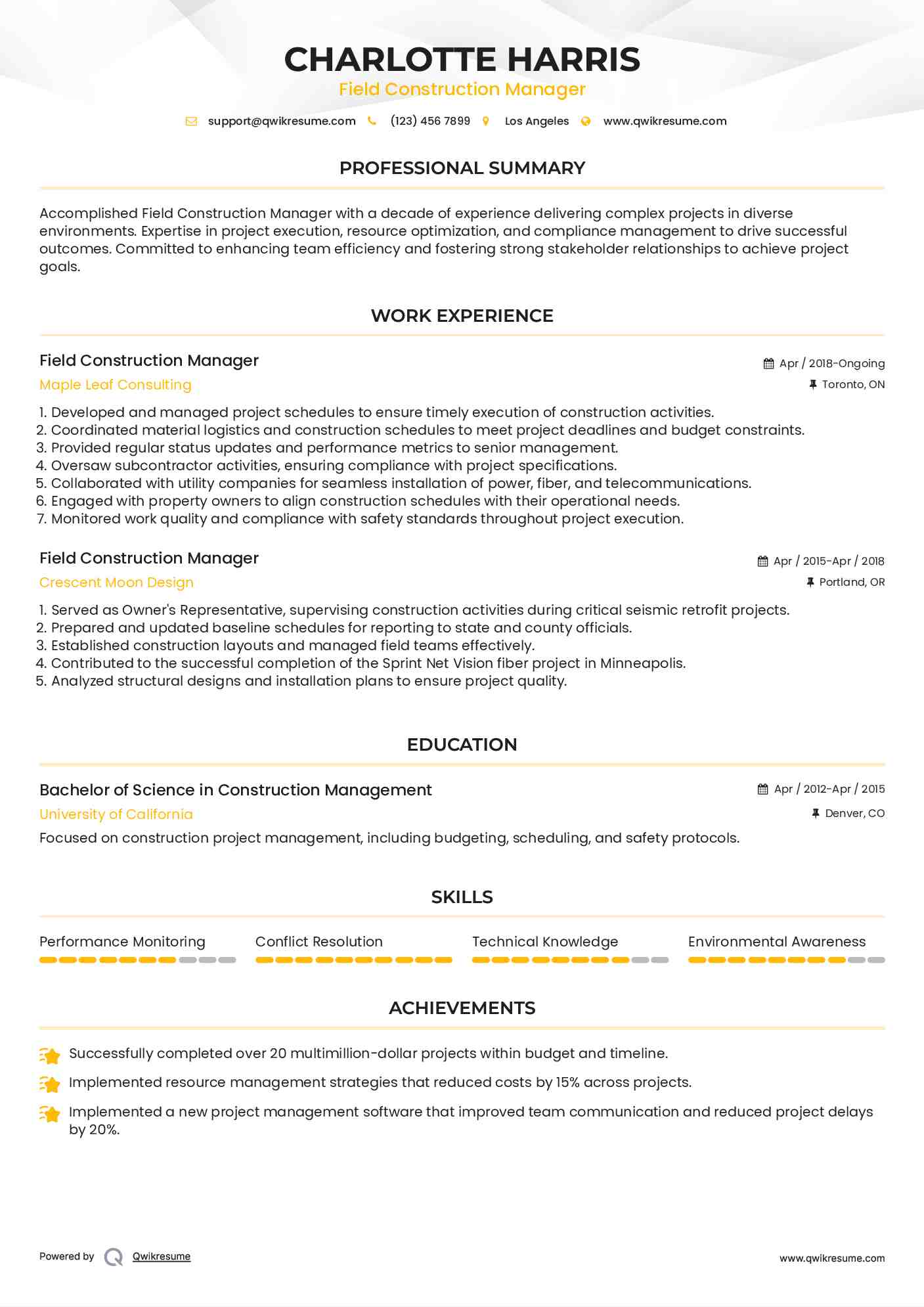 Field Construction Manager Resume Template