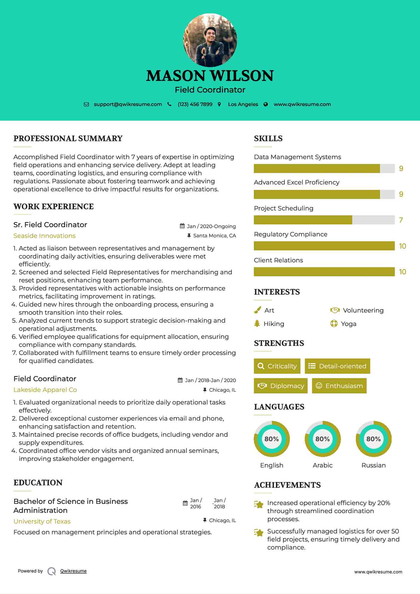 Sr. Field Coordinator Resume Model