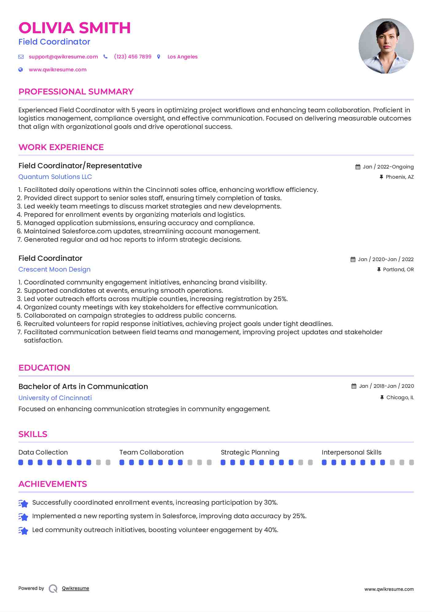Field Coordinator Resume Samples QwikResume