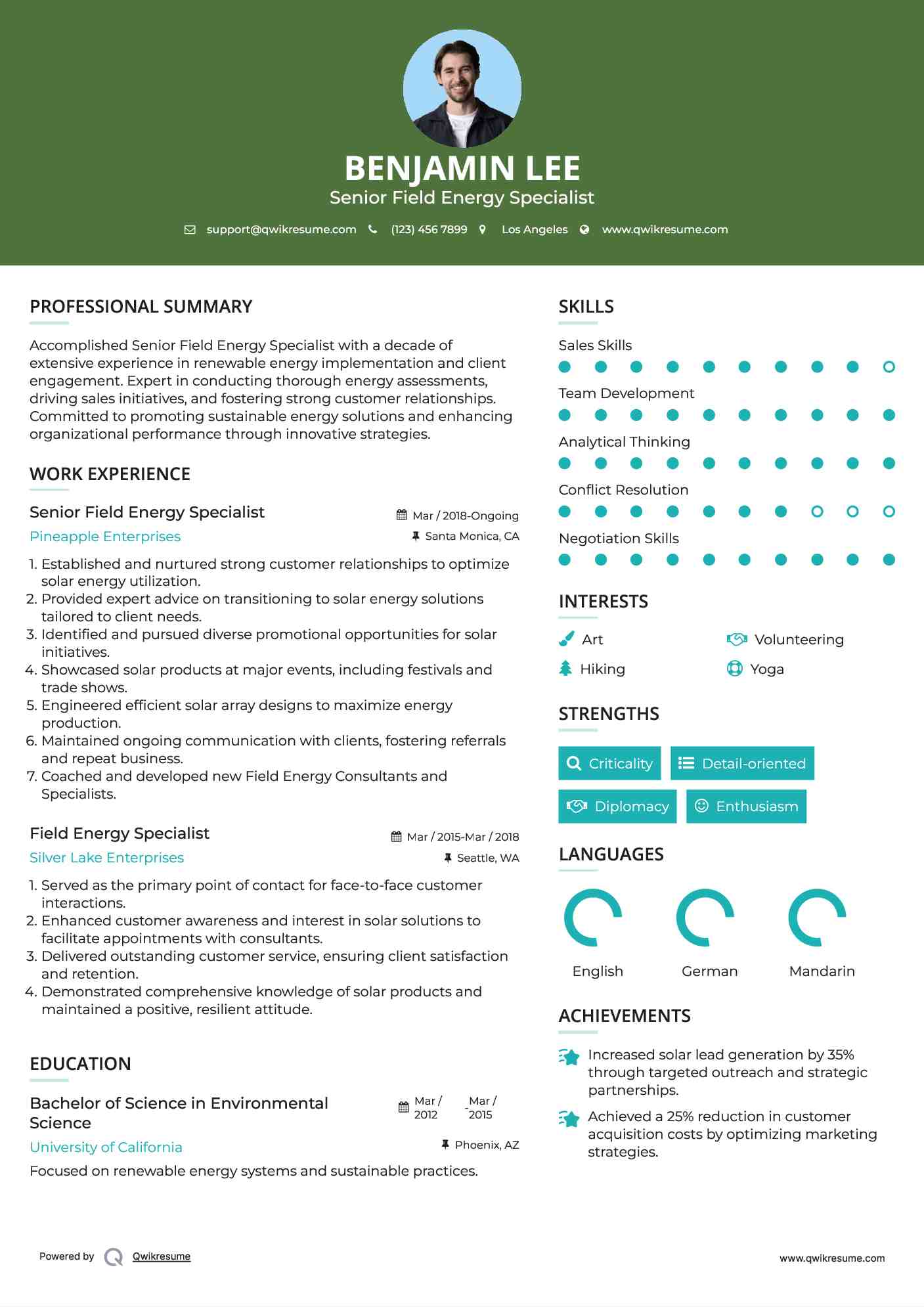 Senior Field Energy Specialist Resume Sample