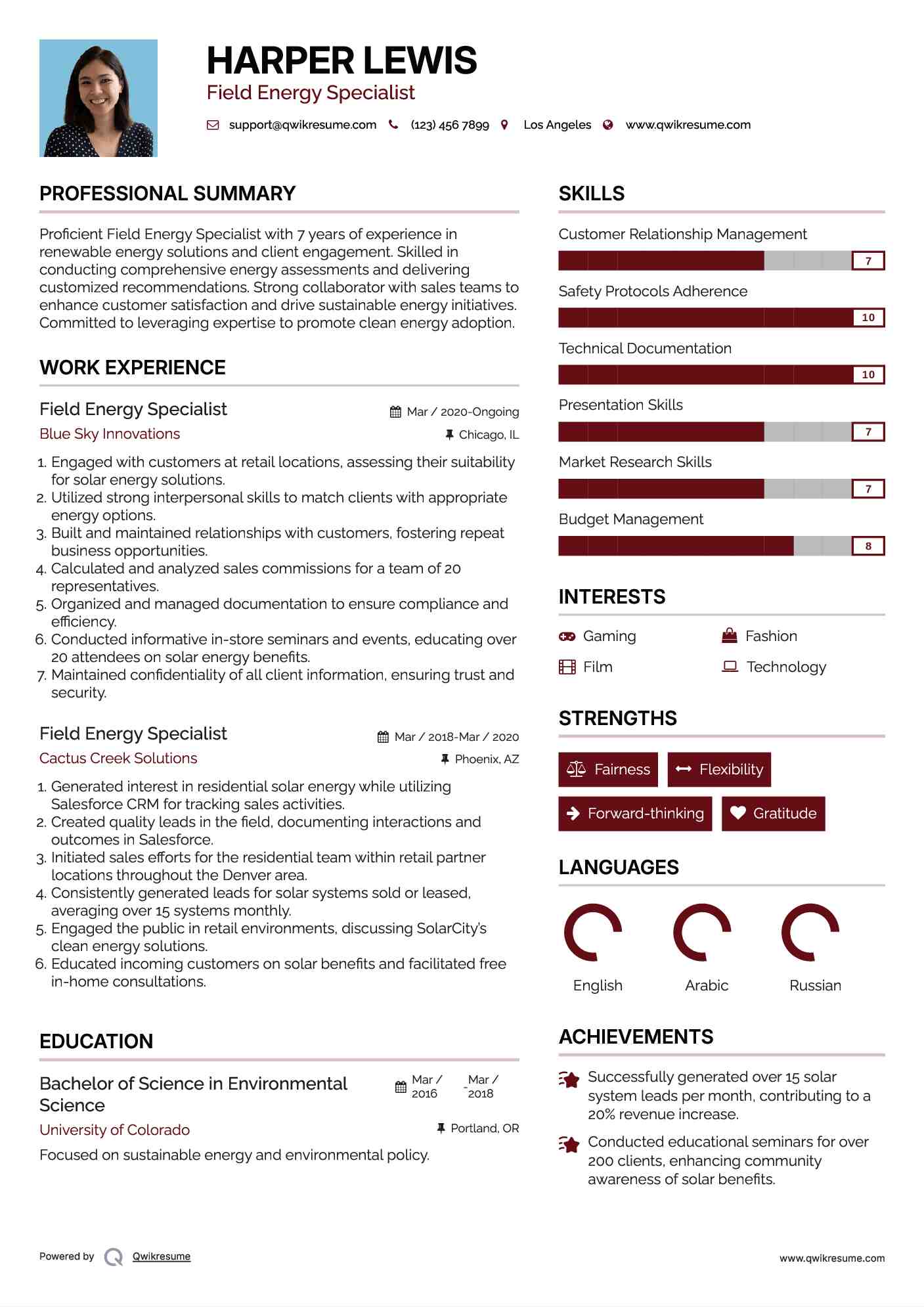 Field Energy Specialist Resume Model