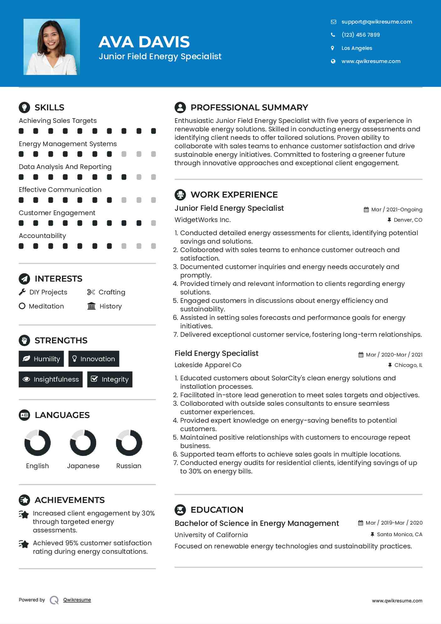Junior Field Energy Specialist Resume Model