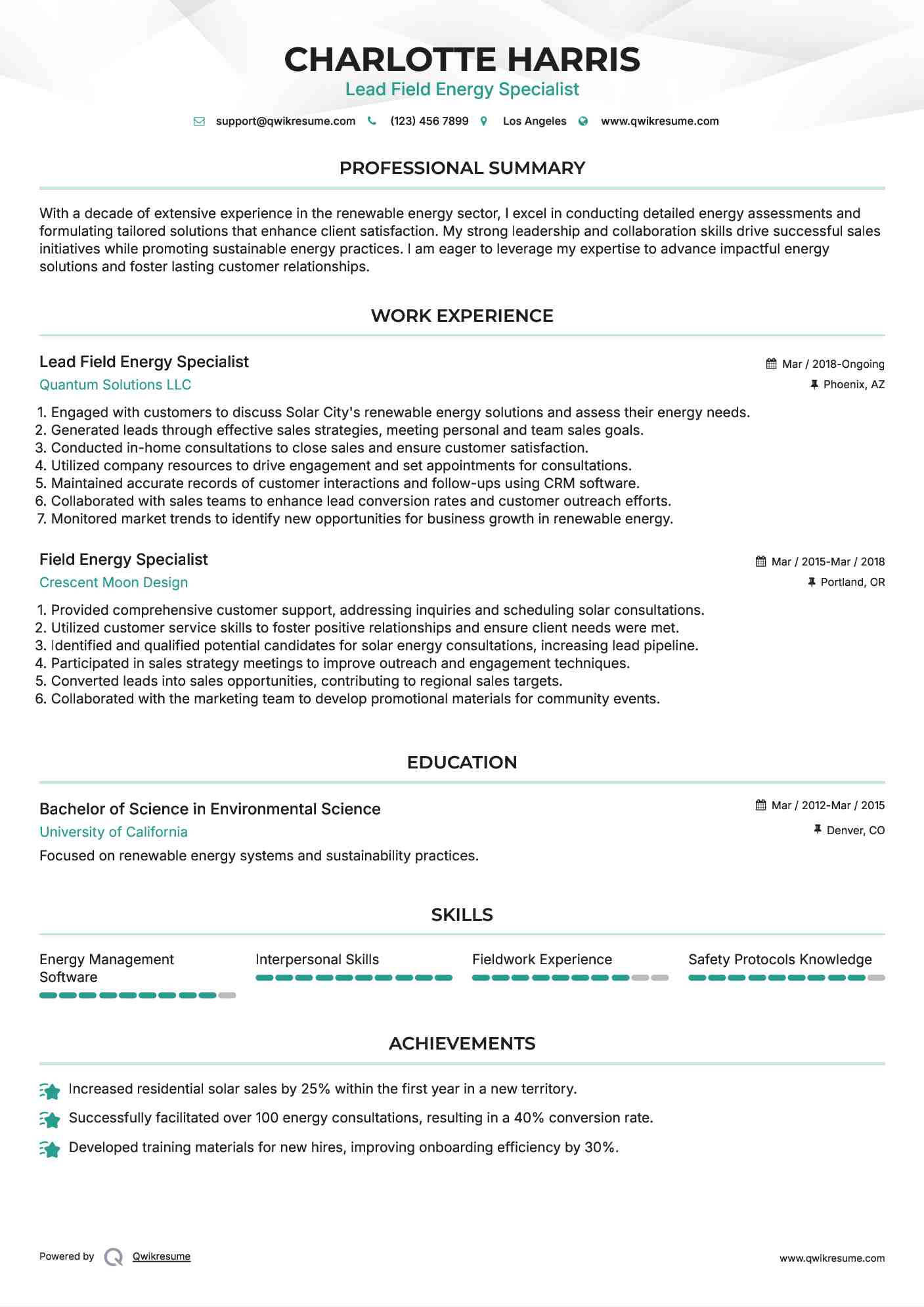 Lead Field Energy Specialist Resume Format