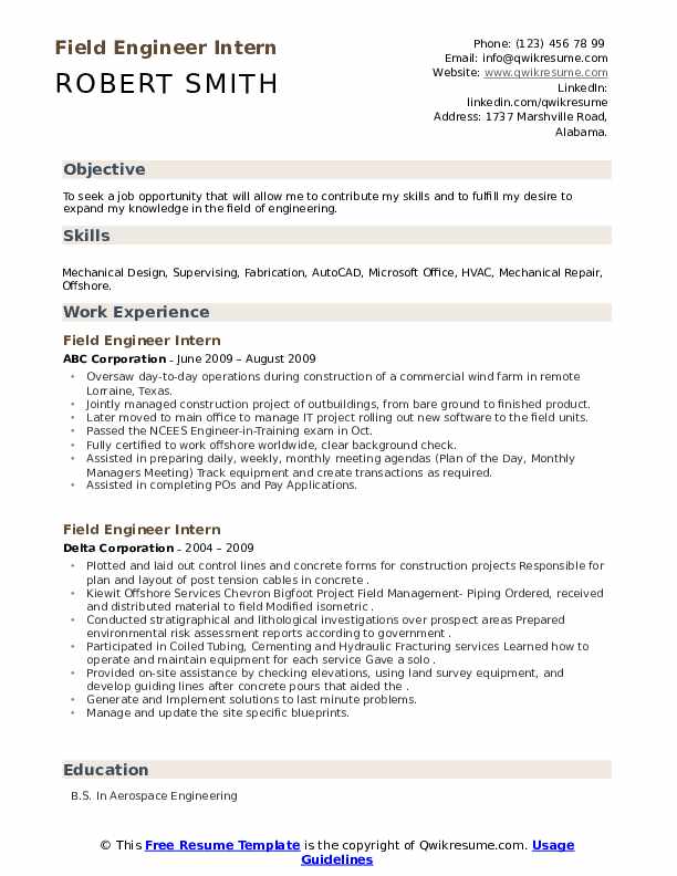 Field Engineer Intern Resume Samples QwikResume