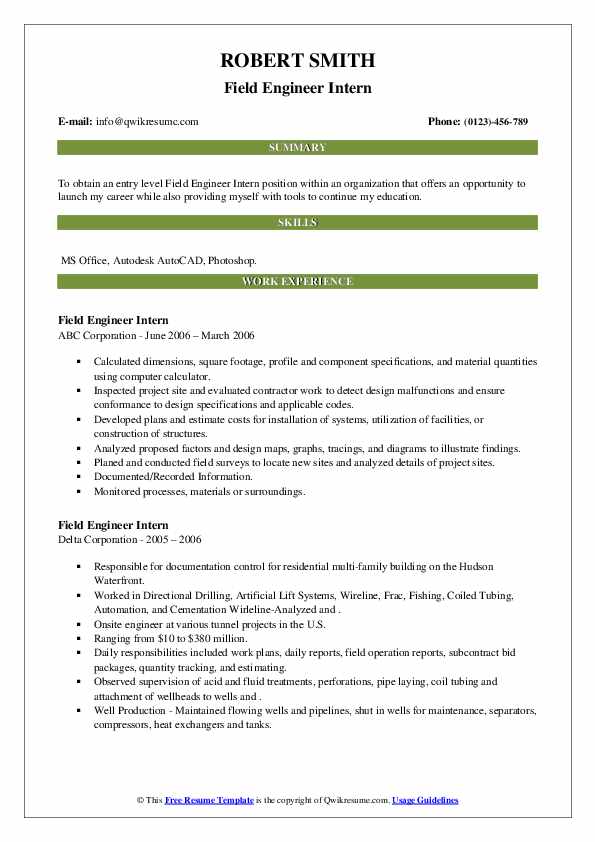 Field Engineer Intern Resume Samples QwikResume