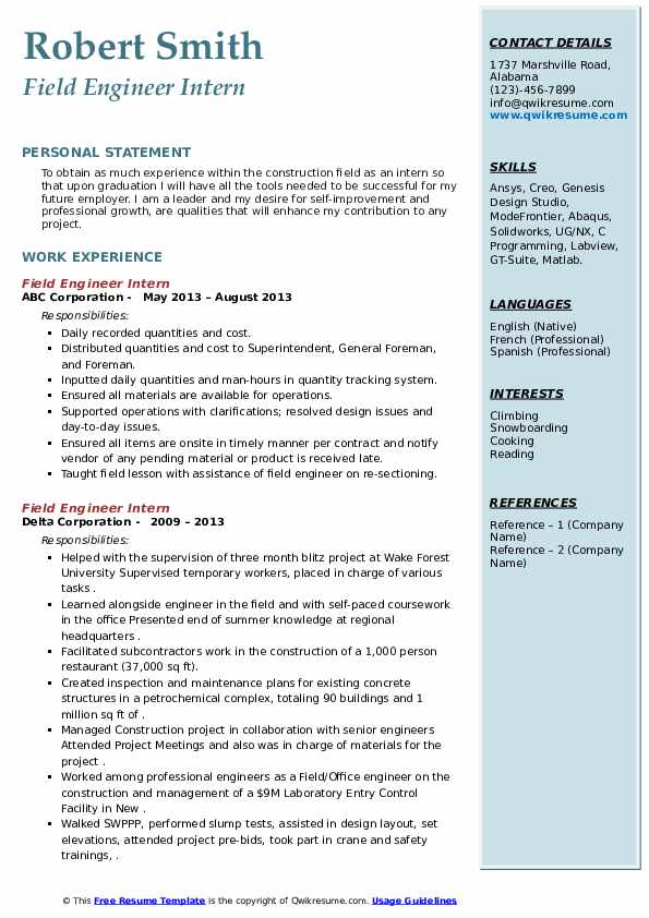 Field Engineer Intern Resume Samples QwikResume