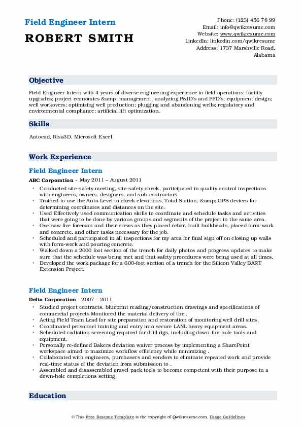 Field Engineer Intern Resume Samples QwikResume