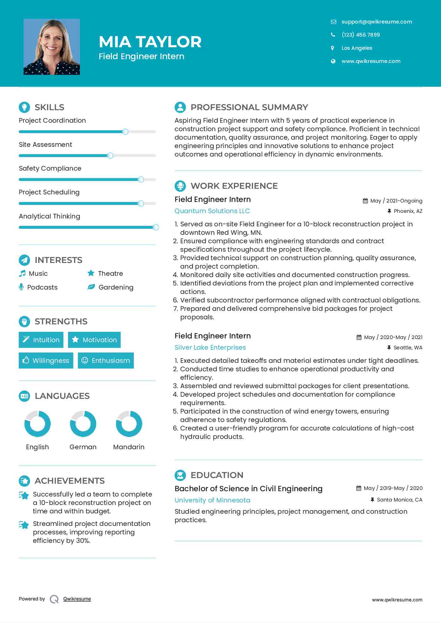 Field Engineer Intern Resume Samples QwikResume