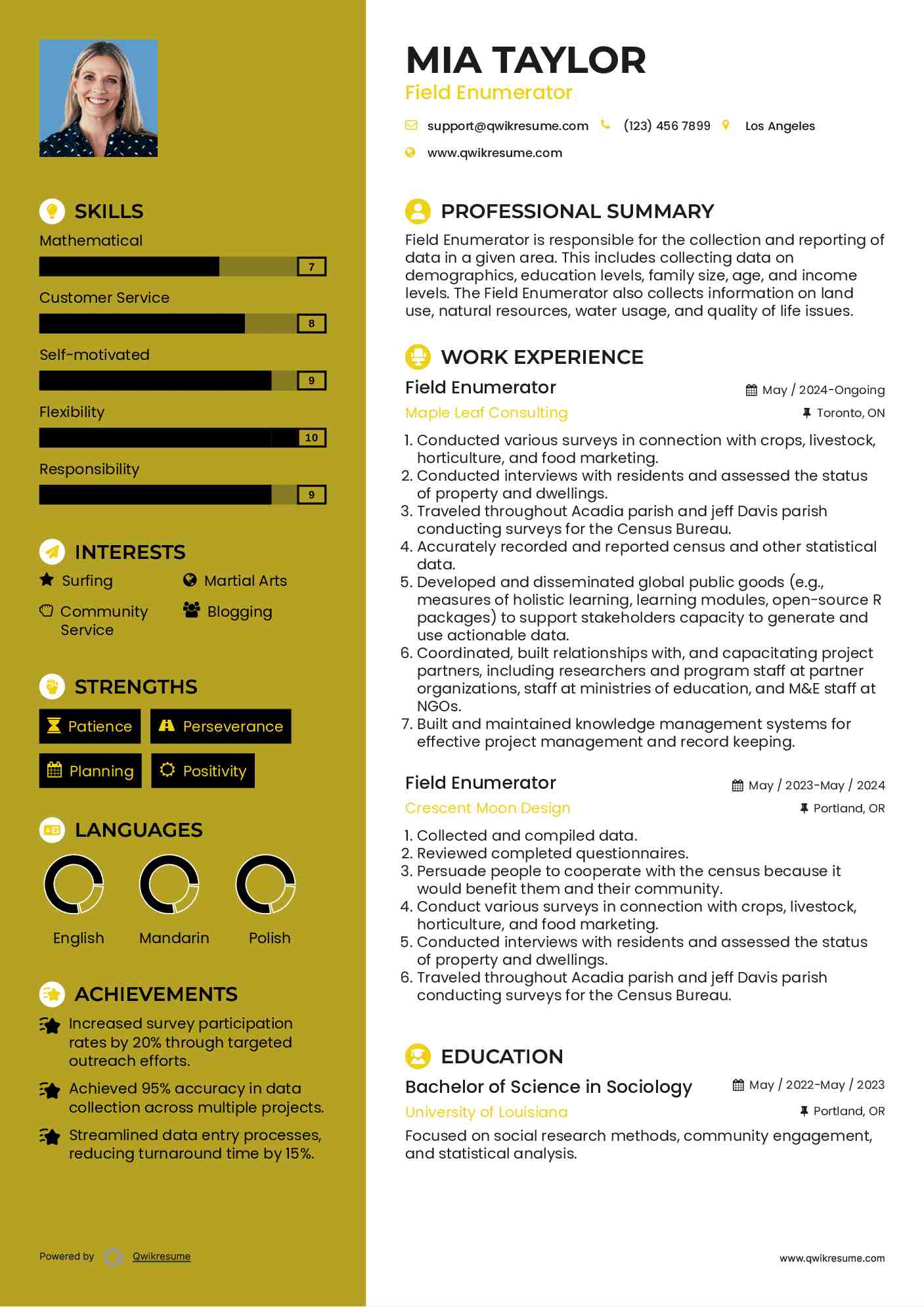 Field Enumerator Resume Sample