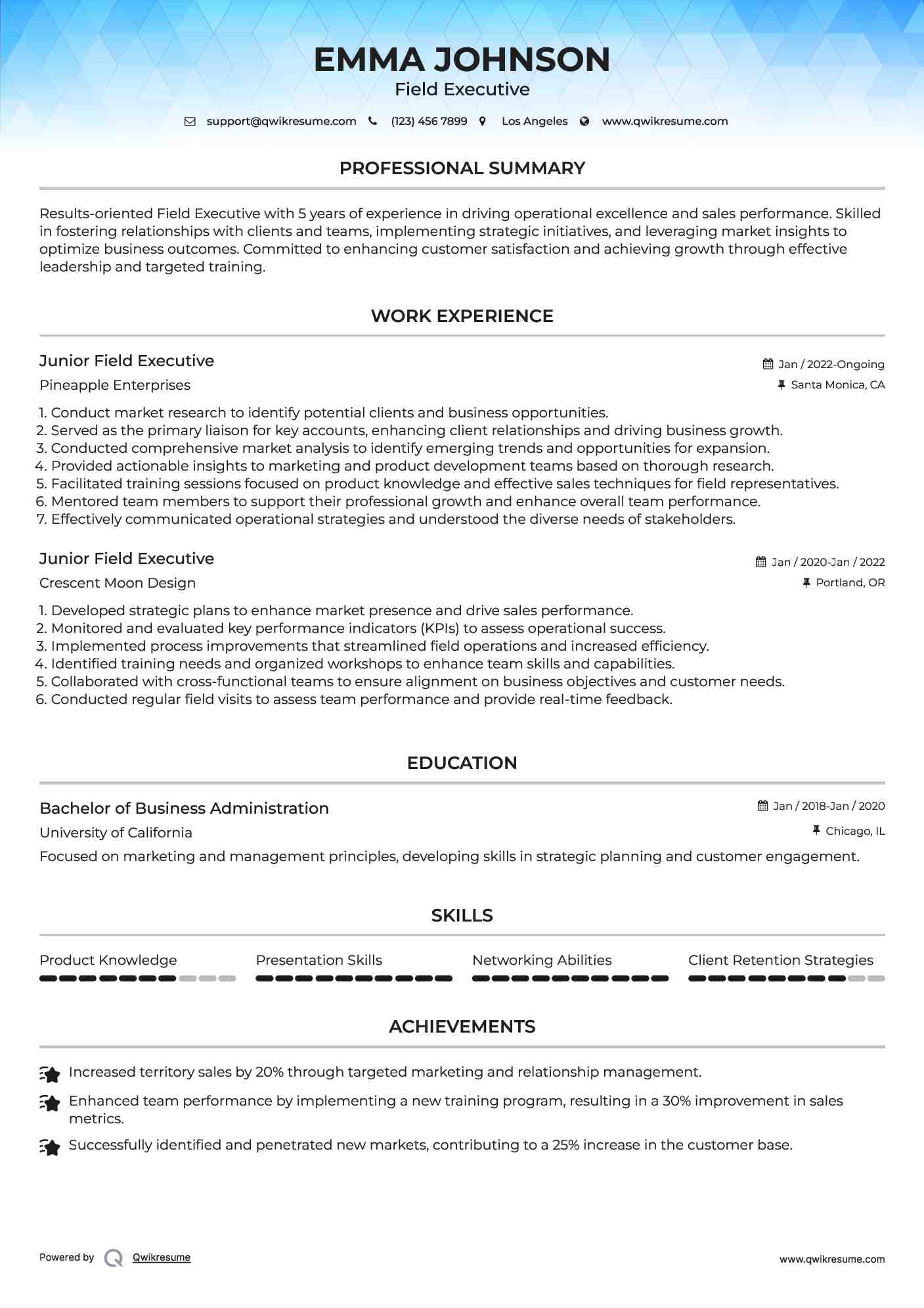 Junior Field Executive Resume Model