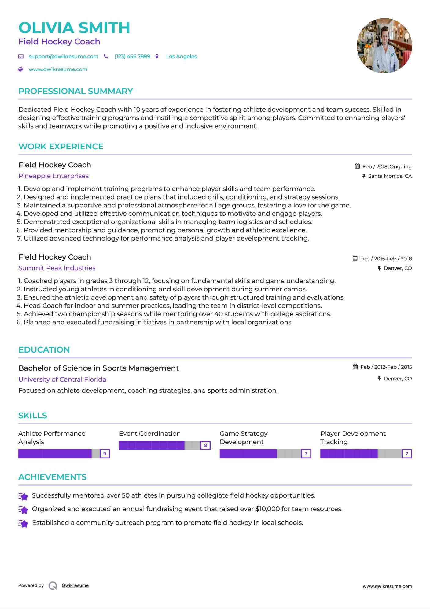 Field Hockey Coach Resume Sample