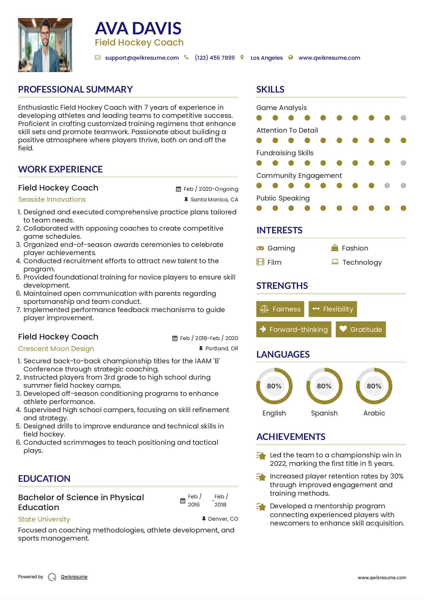 Field Hockey Coach Resume Sample