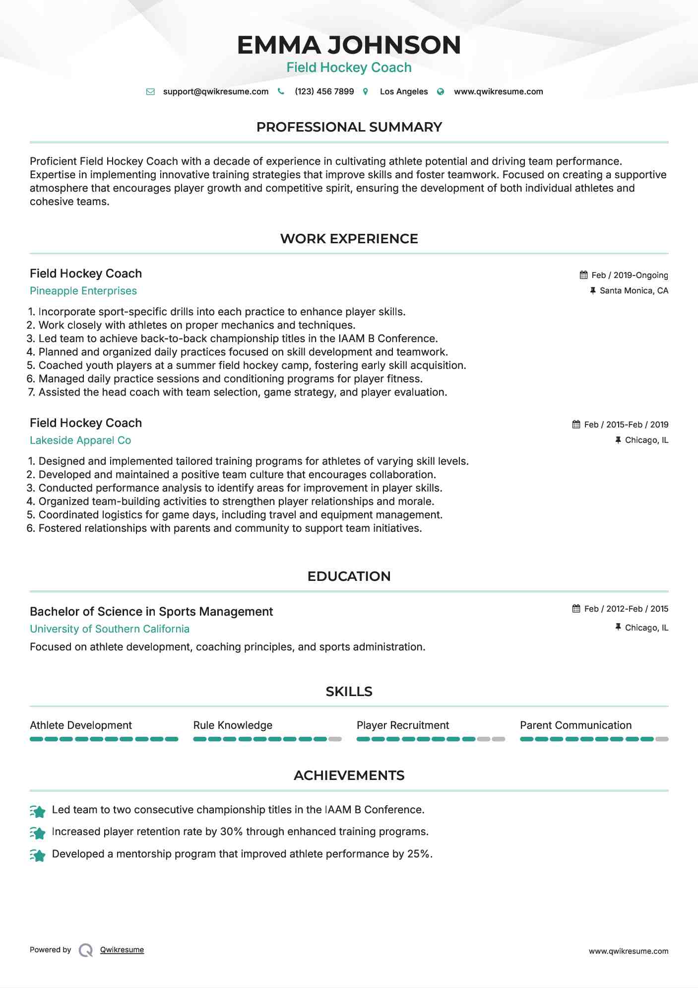 Field Hockey Coach Resume Example