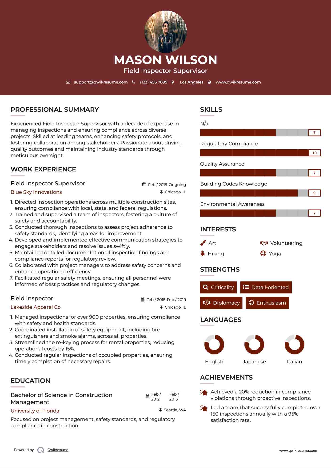 Field Inspector Resume Samples QwikResume