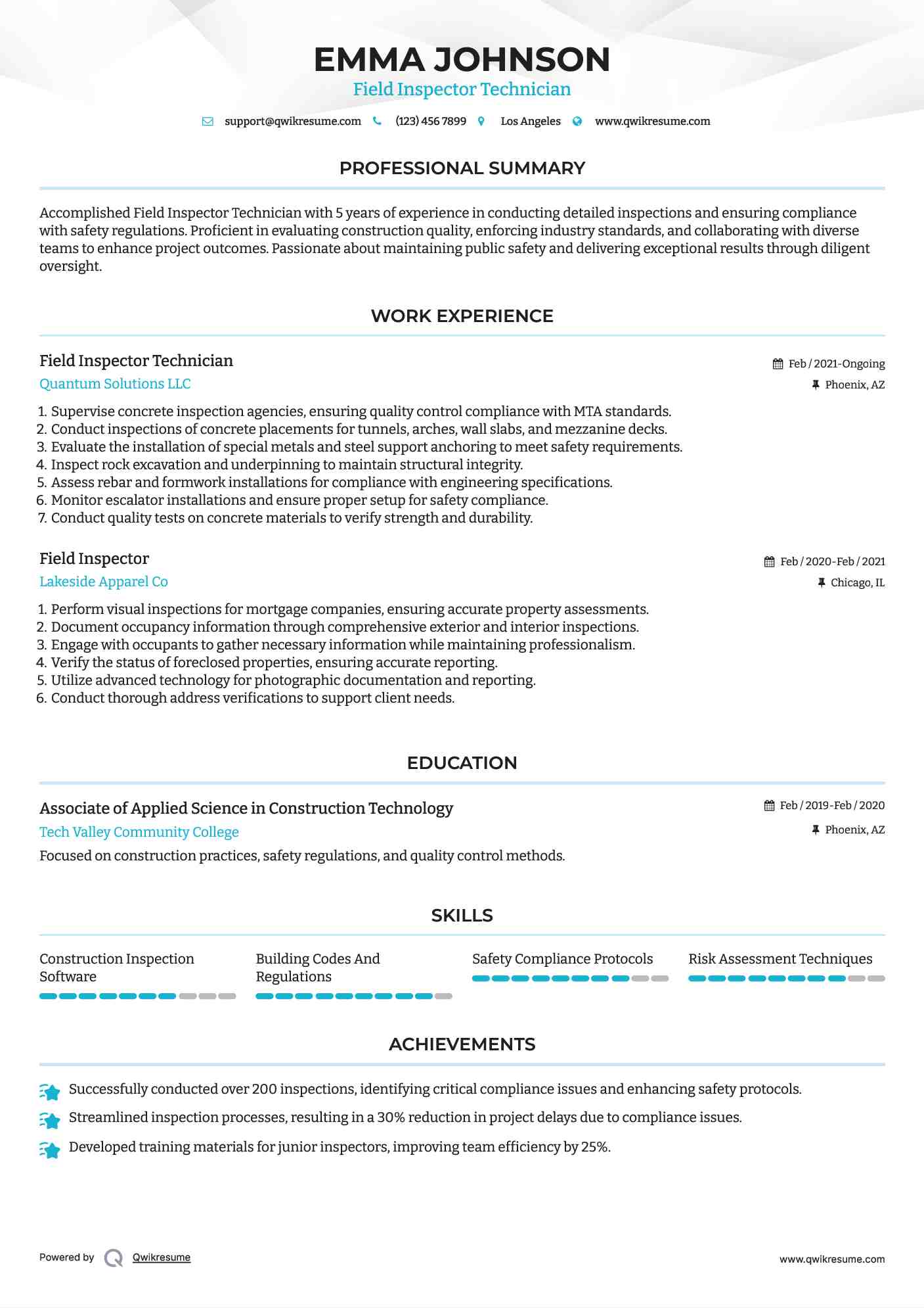 Field Inspector Resume Samples QwikResume