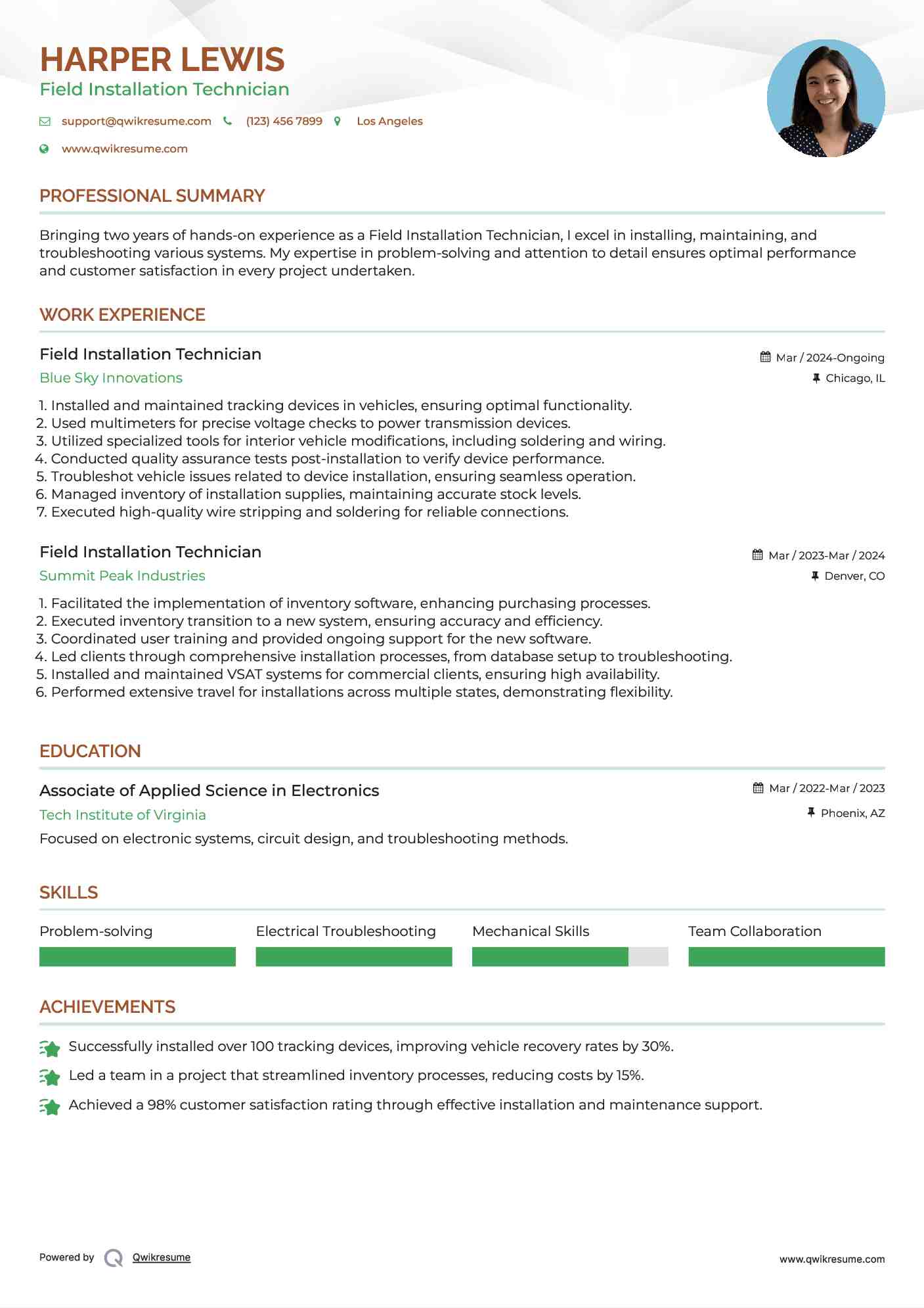 Field Installation Technician Resume Model