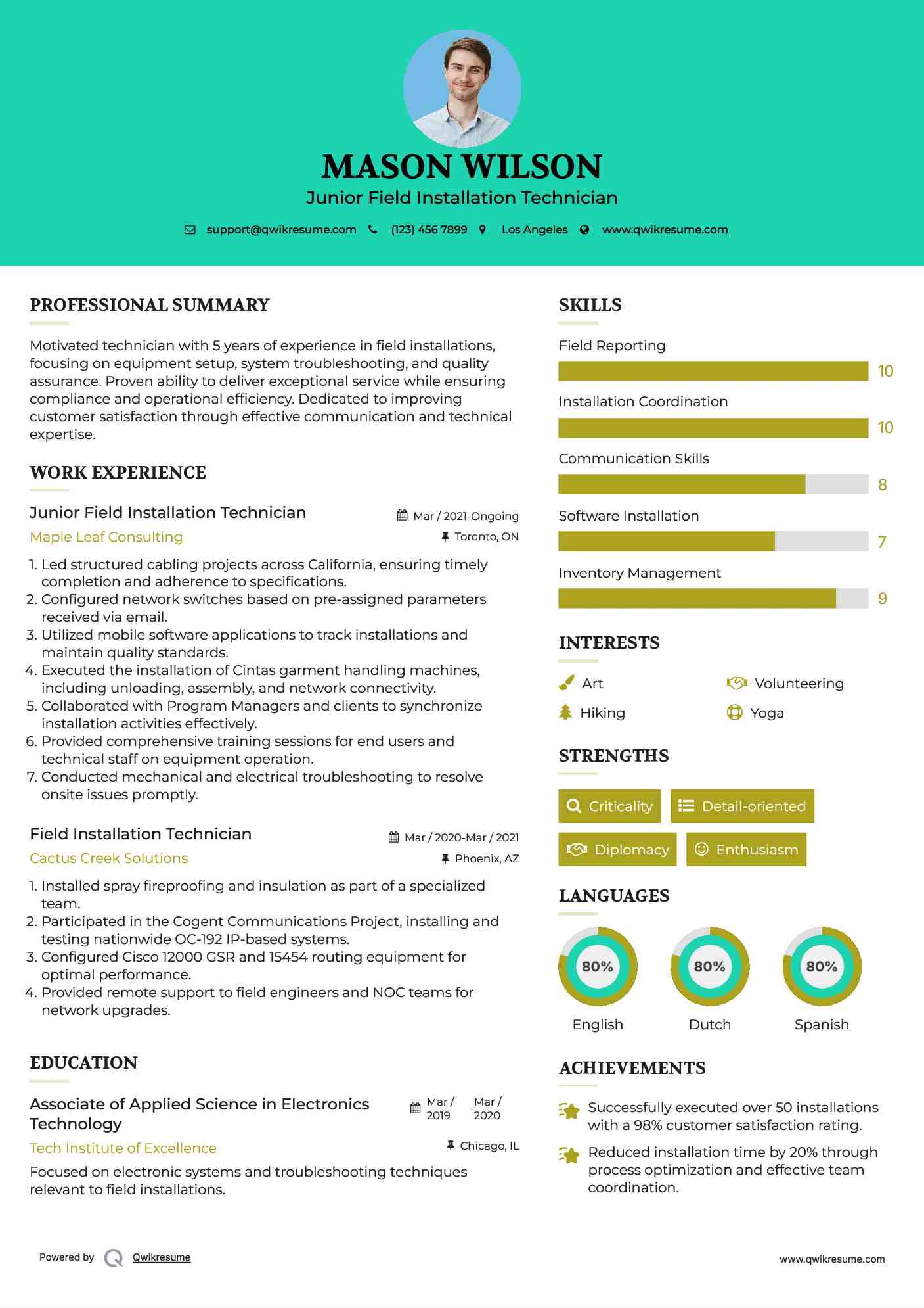 Junior Field Installation Technician Resume Format