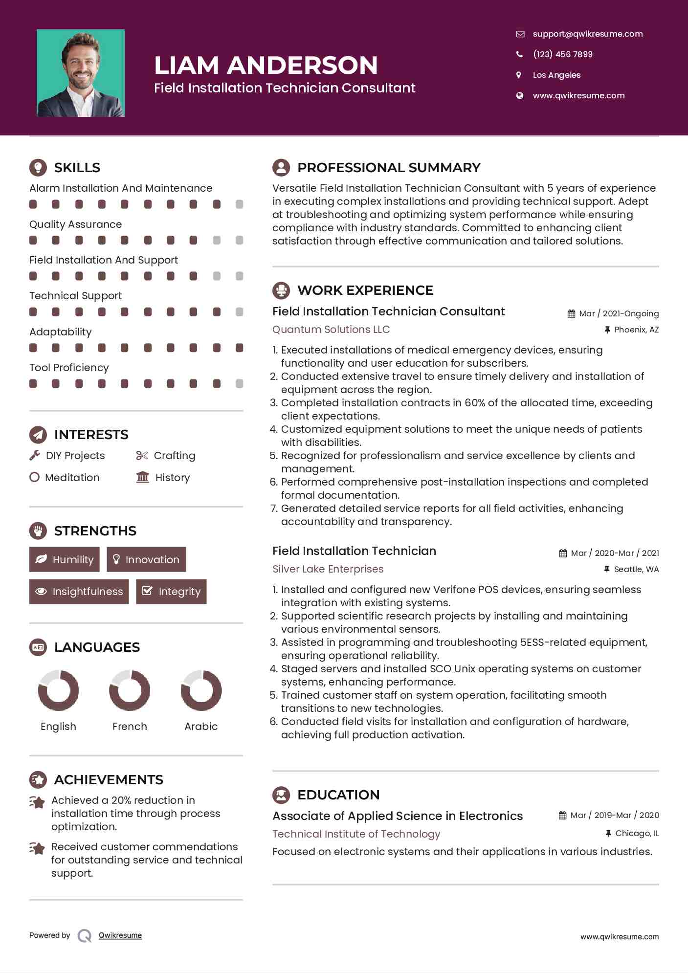Field Installation Technician Consultant Resume Sample