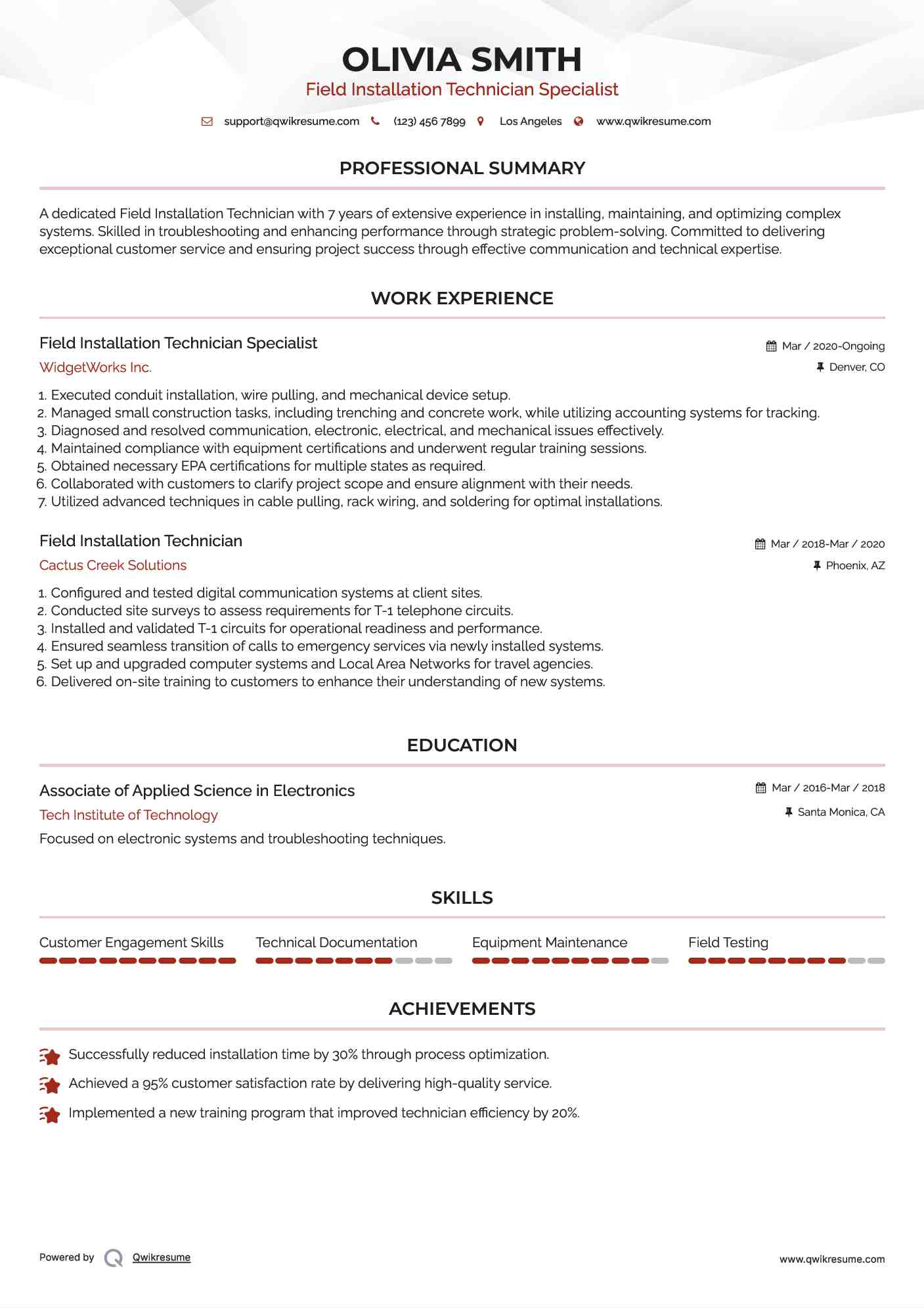 Field Installation Technician Specialist Resume Sample