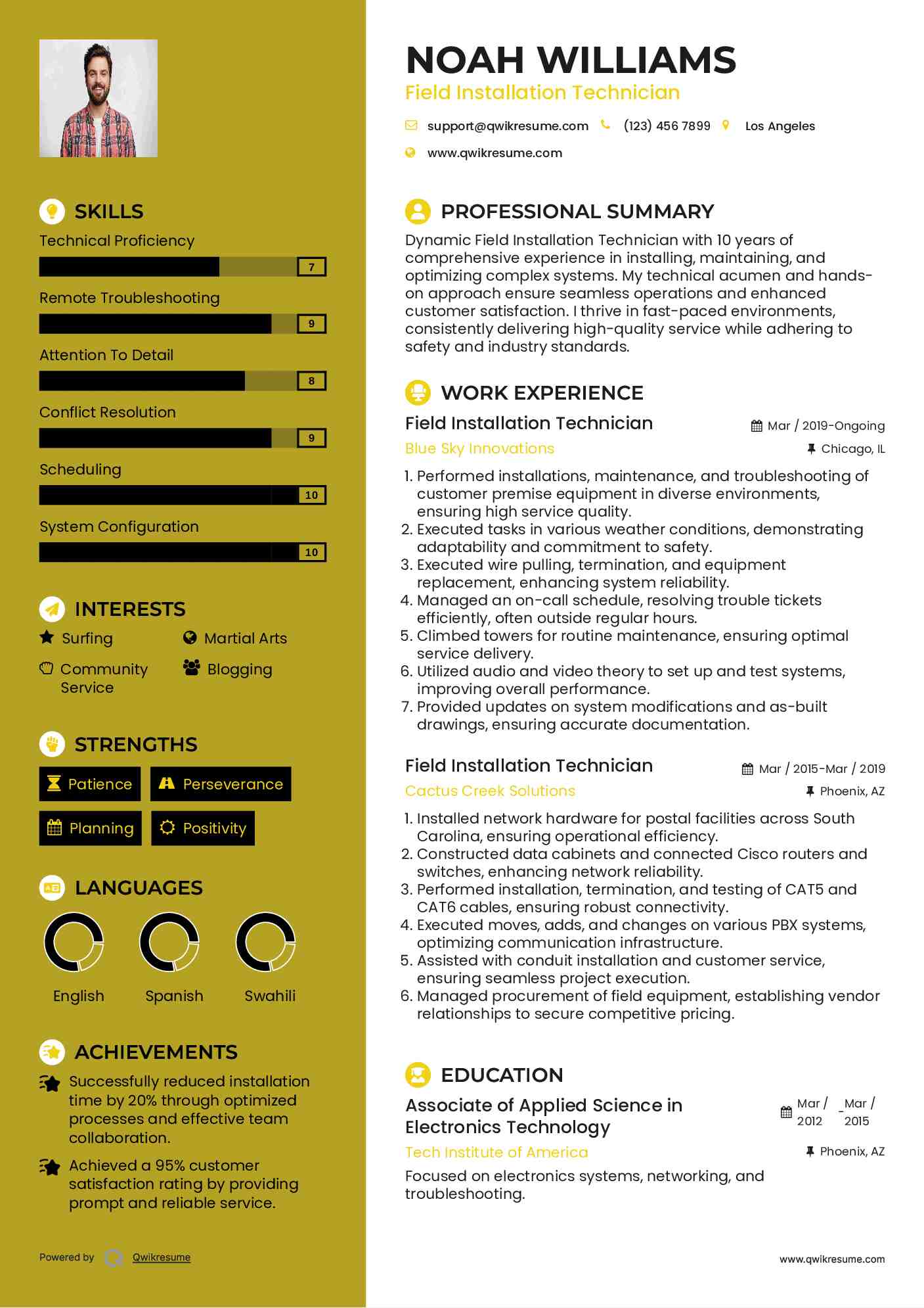 Field Installation Technician Resume Example