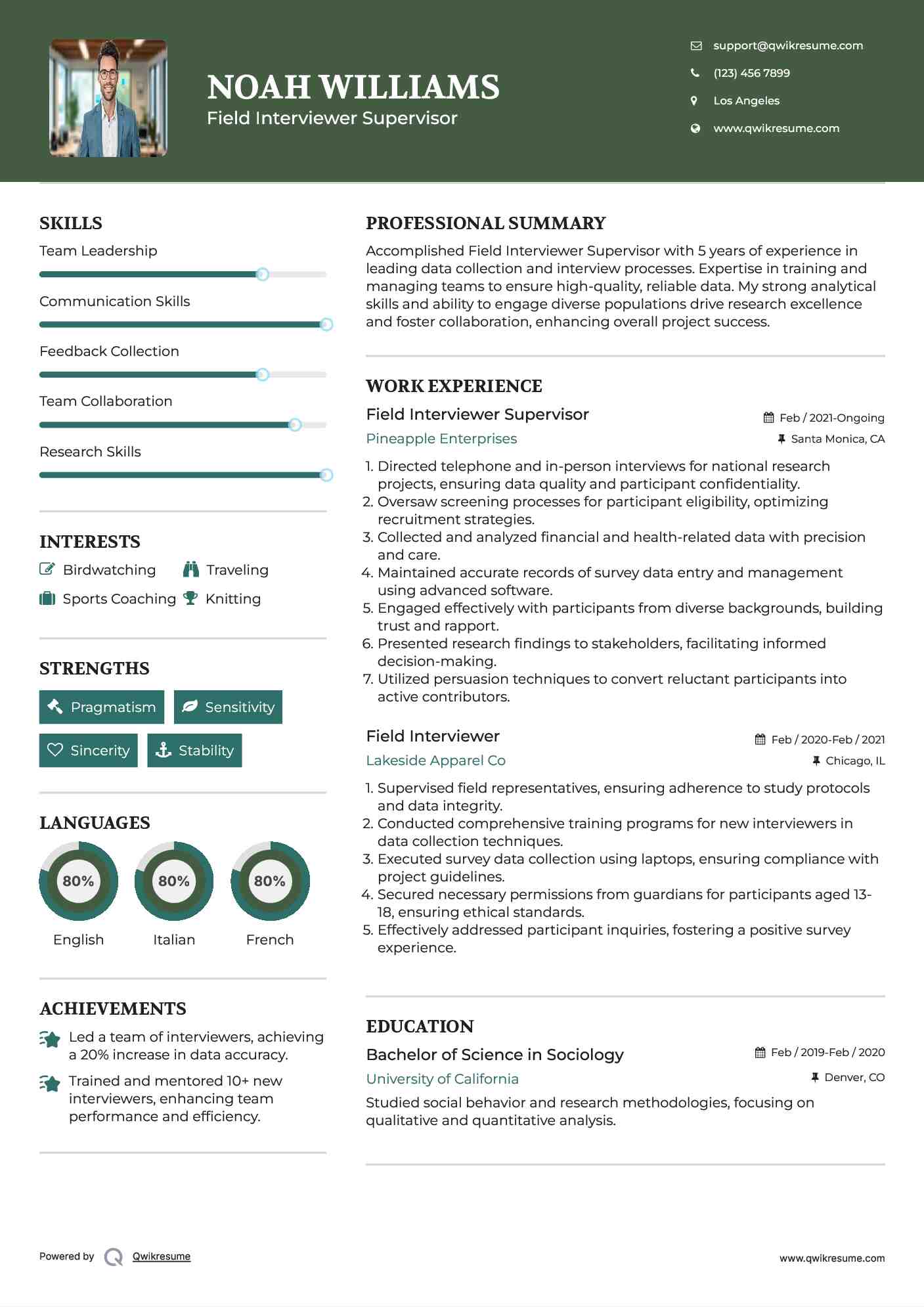 Field Interviewer Supervisor Resume Template