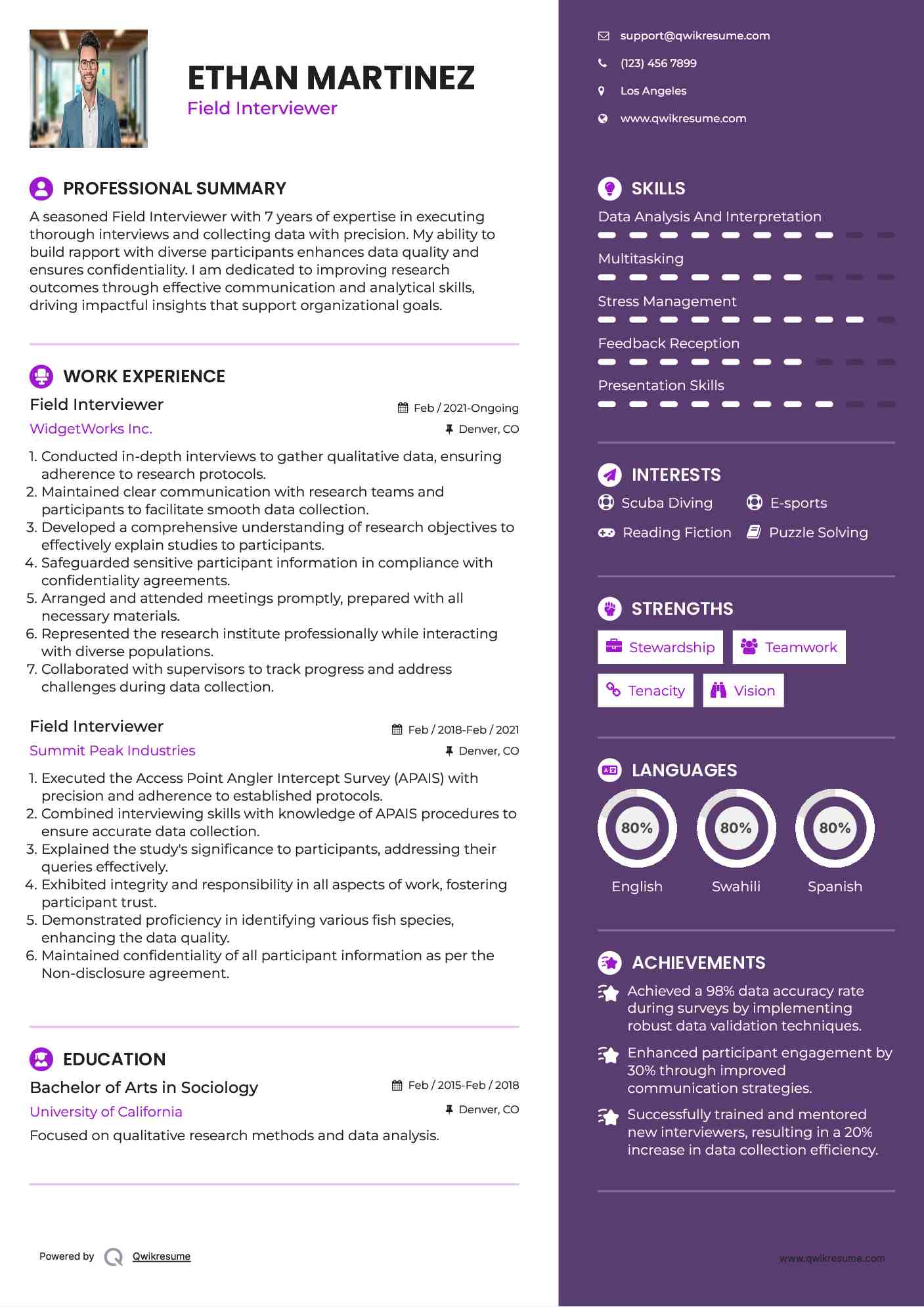 Field Interviewer Resume Model