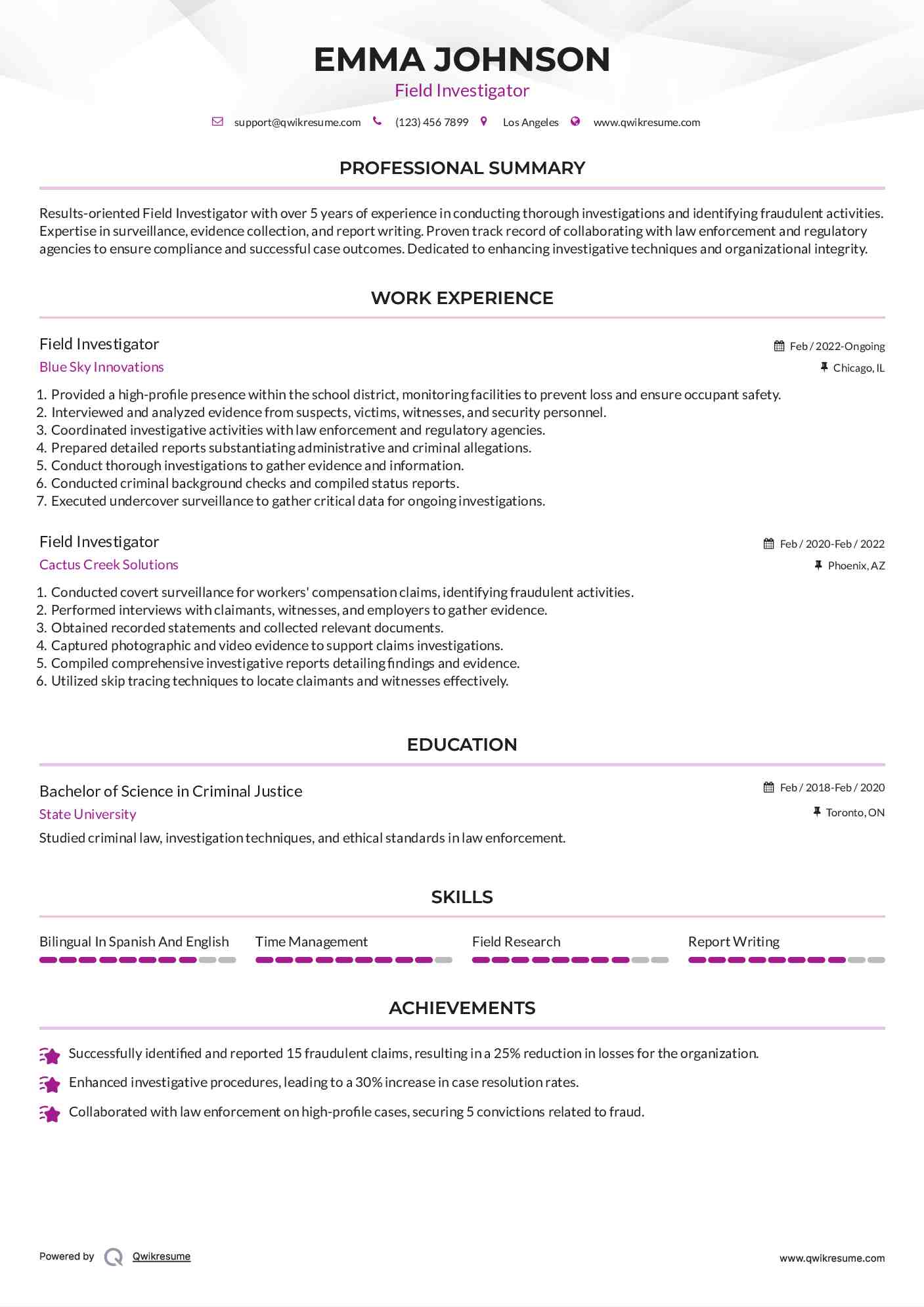 Field Investigator Resume Samples QwikResume