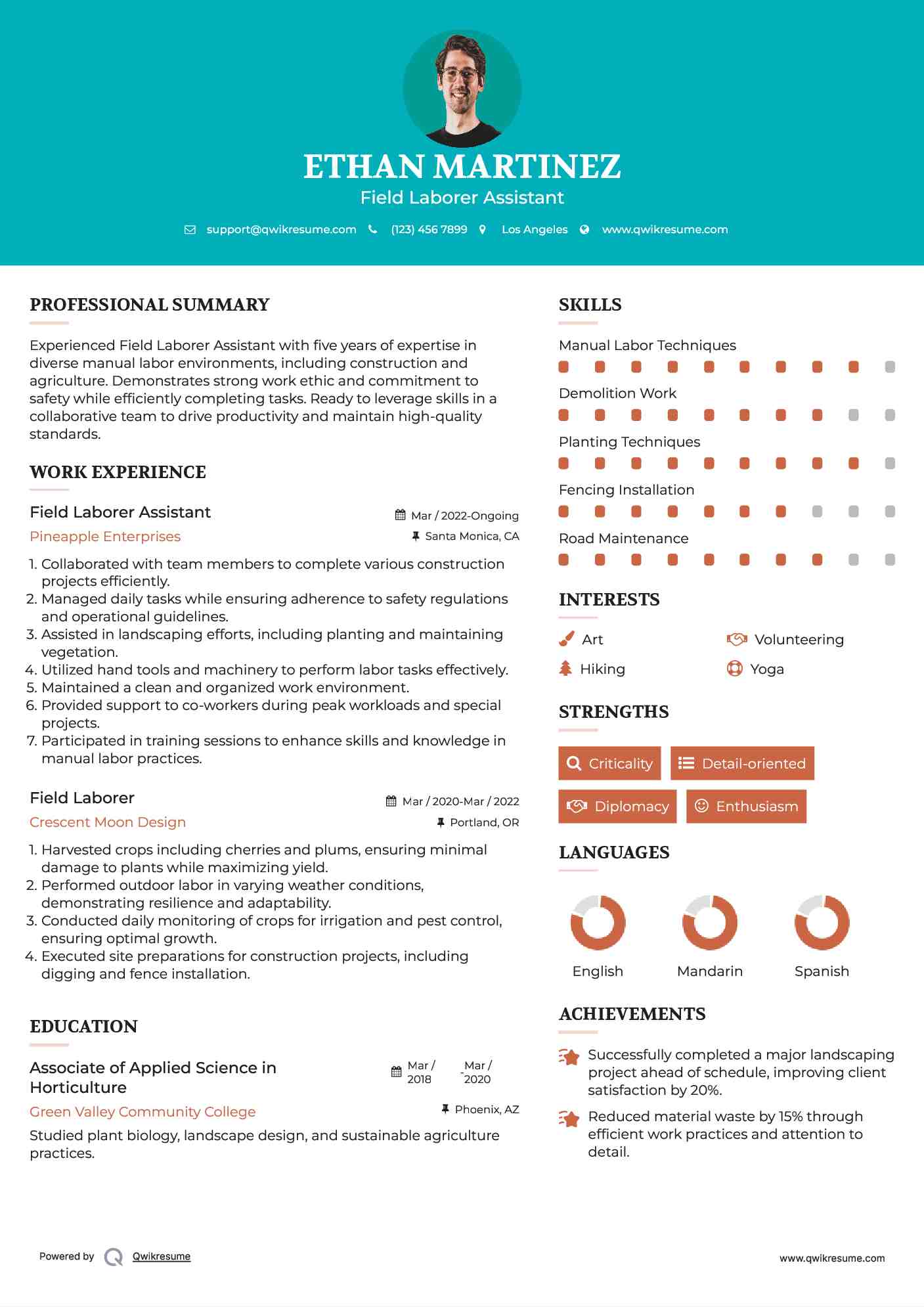 Field Laborer Resume Samples QwikResume