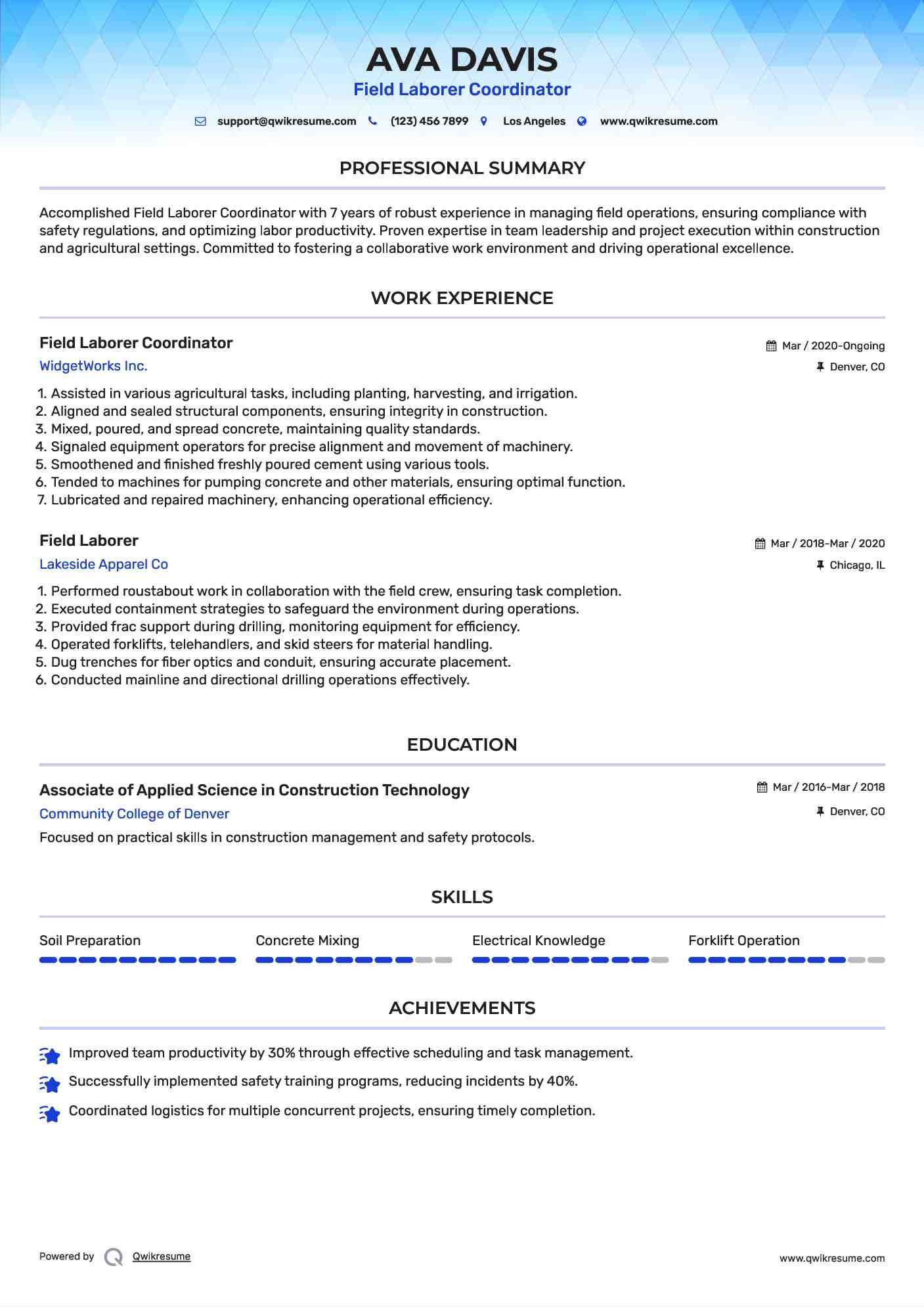 Field Laborer Coordinator Resume Example