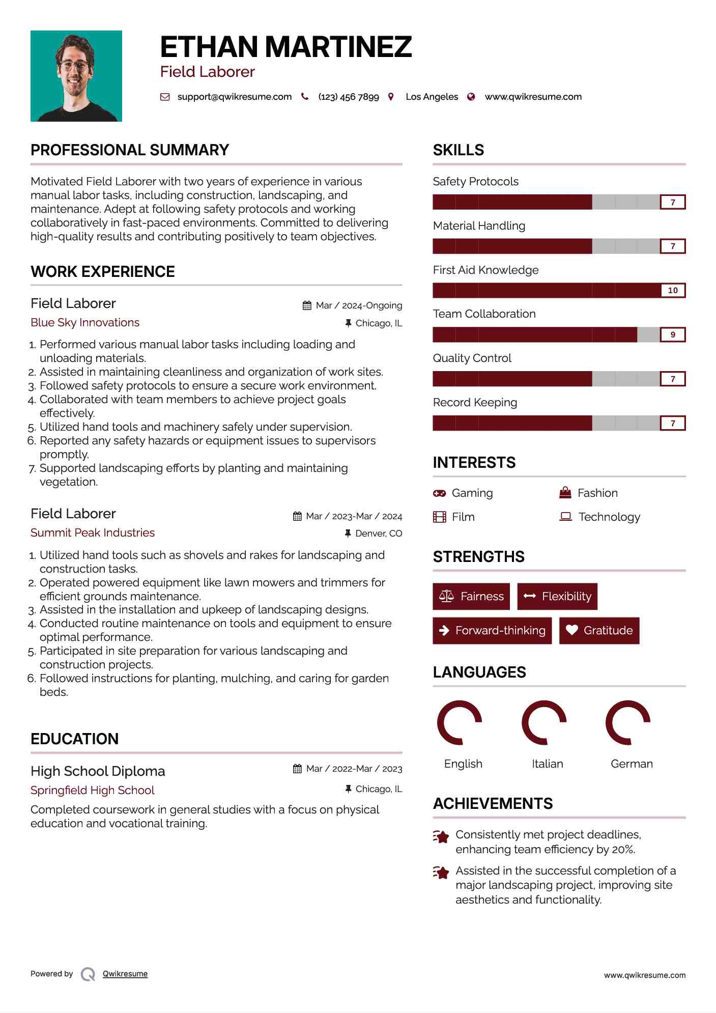 Field Laborer Resume Model